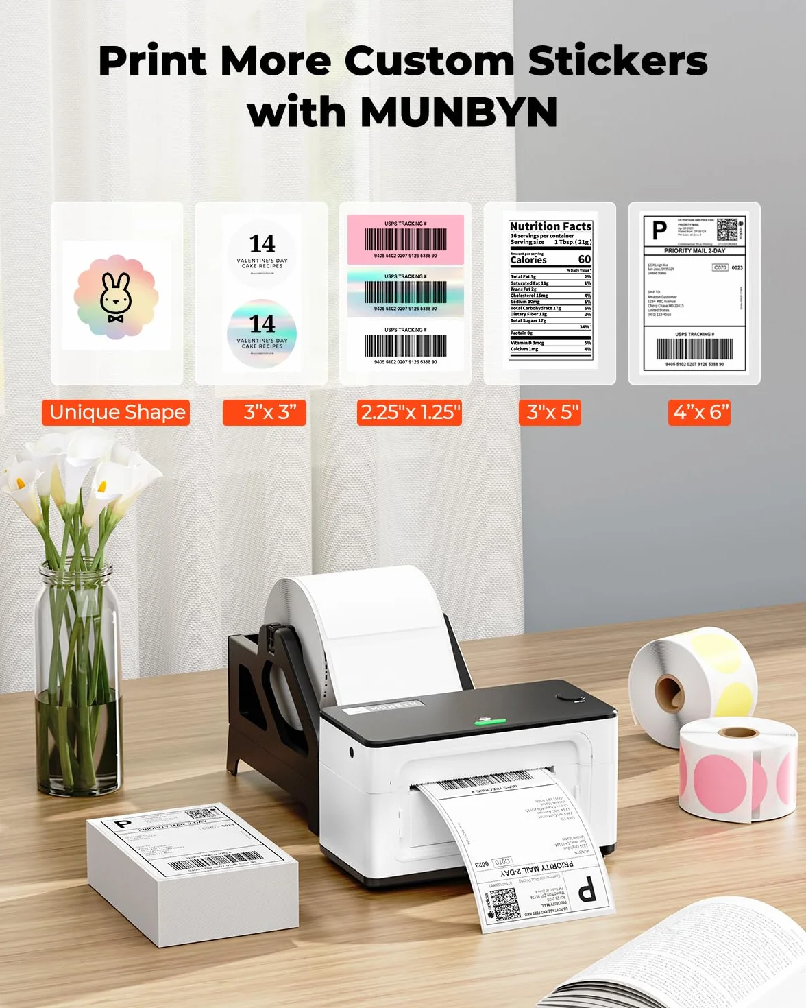 MUNBYN 300DPI Bluetooth Stampante Etichette Spedizione 4x6 per Spedizioni Affrancature Indirizzi uso domestico e piccole imprese, Compatibile con Etsy/Shopify/Amazon/FedEx/UPS, 941BP, Bianco