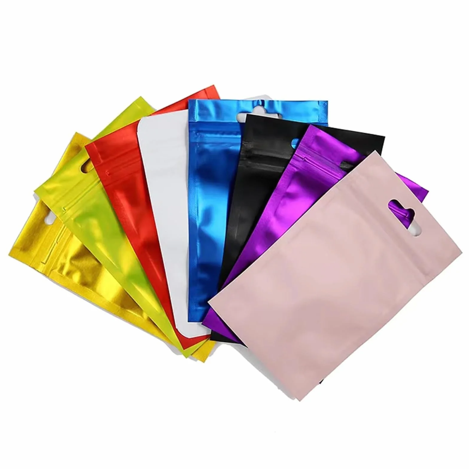 Sacchetti Ziplock, 100 pezzi Zip Lock Sacchetto di alluminio colorato con foro for appendere Finestra trasparente opaca Chiusura lampo autoadesiva Tacca a strappo Confezione alimentare riutilizzabile(