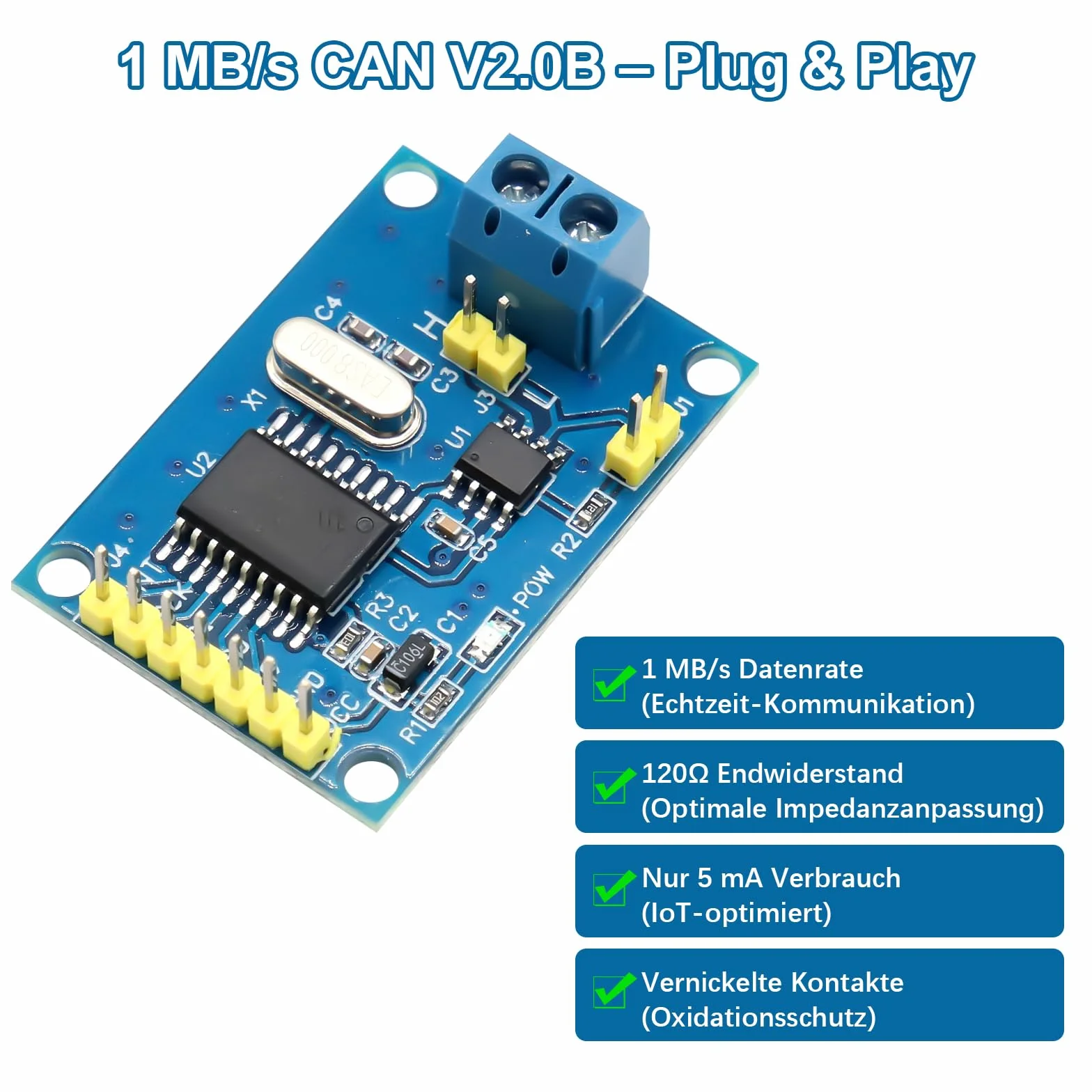 3 moduli canbus MCP2515 con TJA1050 – modulo di interfaccia SPI compatibile con Arduino, Raspberry Pi & IoT 5 V DC, 1 MB/s, 120 Ohm regolazione di impedenza per industria 4.0, Smart Home