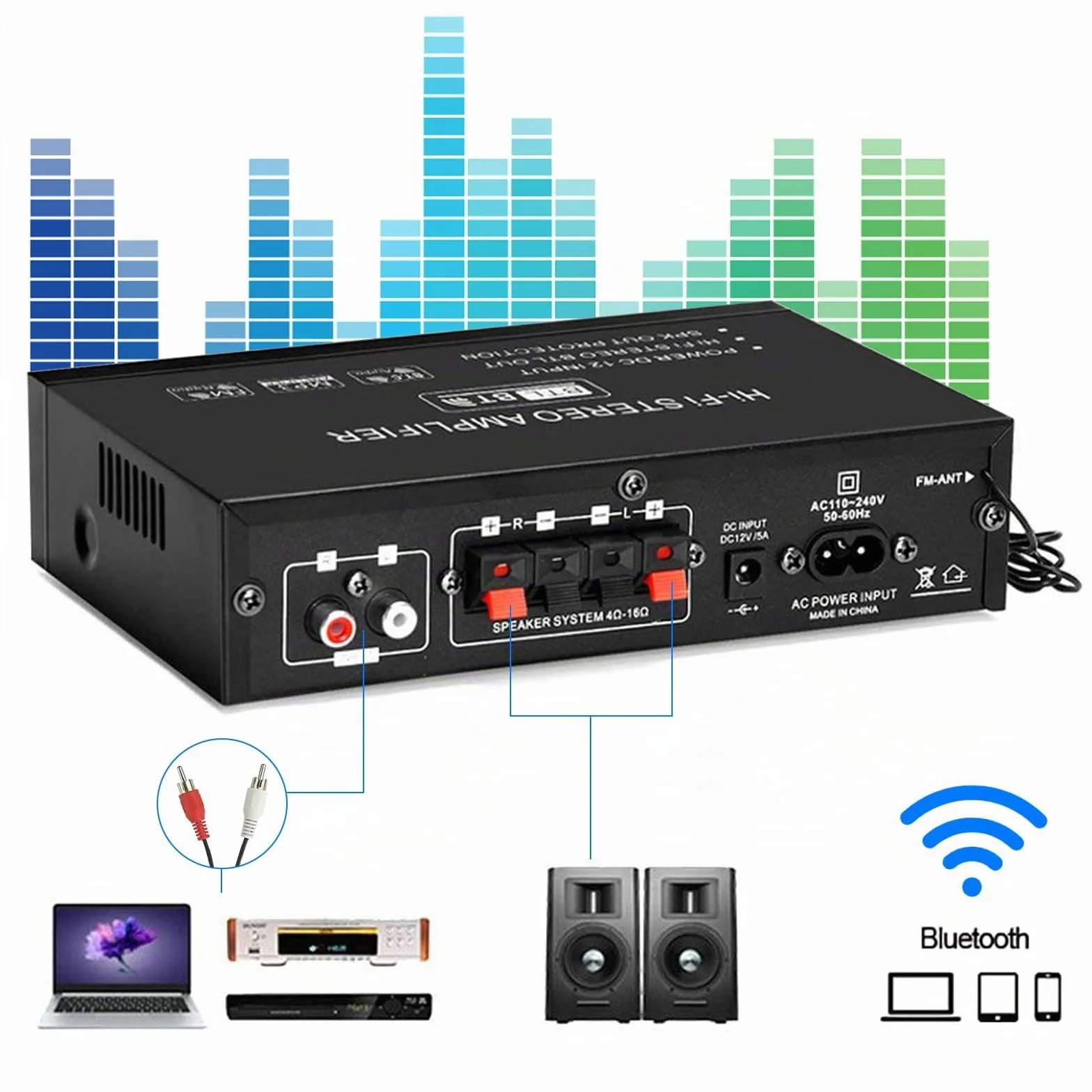 Amplificatore audio AK45, amplificatore stereo, amplificatore Bluetooth 5.0 HIFI con telecomando per auto e casa con ingresso MIC/SD/USB, radio FM