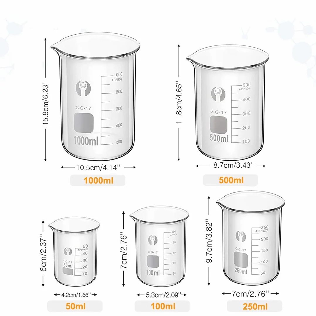 Becher Graduato in Vetro Borosilicato, JESSTOLO 5 Pezzi Graduato Misurazione Bicchiere 1000ml 500ml 250ml 100ml 50ml con 2 Pezzi Spazzolini di Pulizia, per Laboratorio Esperimento Chimico Medicina