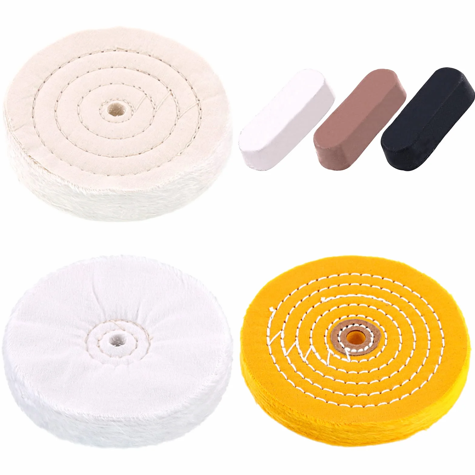 Swpeet 6 pezzi dischi per lucidatura lucidanti professionali da 6 pollici con kit di composti lucidanti a 3 colori, incluso cotone (60 strati), giallo (42 strati) e flanella (30 strati)