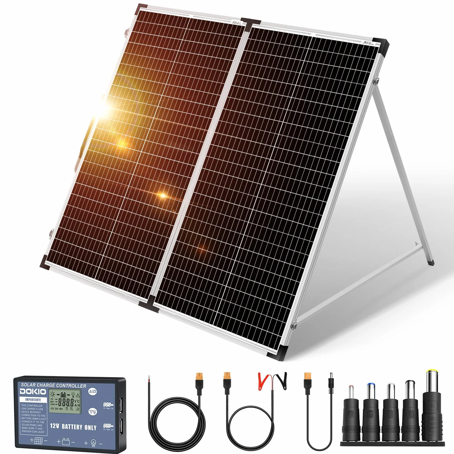 DOKIO 160W 18V Pannello Solare Portatile Pieghevole Monocristallino per batteria da 12V con regolatore di carica solare (2 porte USB) + borsa per il trasporto