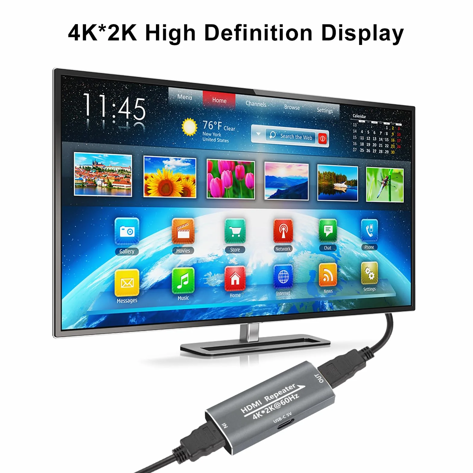 Ripetitore di segnale amplificatore HDMI – 4K @ 60Hz 25M / 1080P 145FT Extender, HDMI femmina a femmina Plug & Play, per gaming/home theater/uso ufficio con porta di alimentazione USB-C