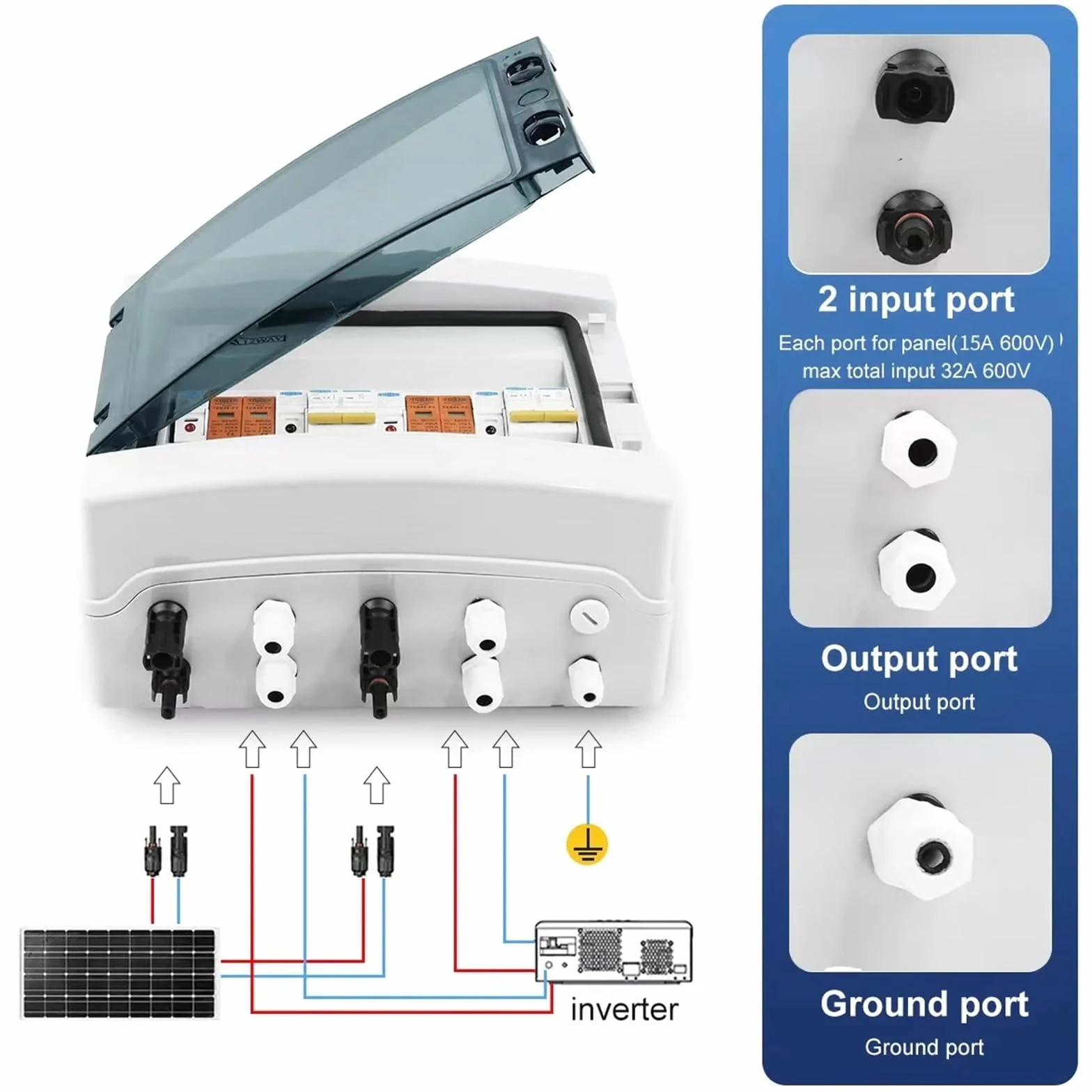 Scatola Combinata Solare Fotovoltaica Quadro di combinazione fotovoltaico solare con protezione contro i fulmini, 2 ingressi e 2 uscite, fusibile CC 600 V, MCB, SPD, scatola impermeabile IP65 a 12 vie