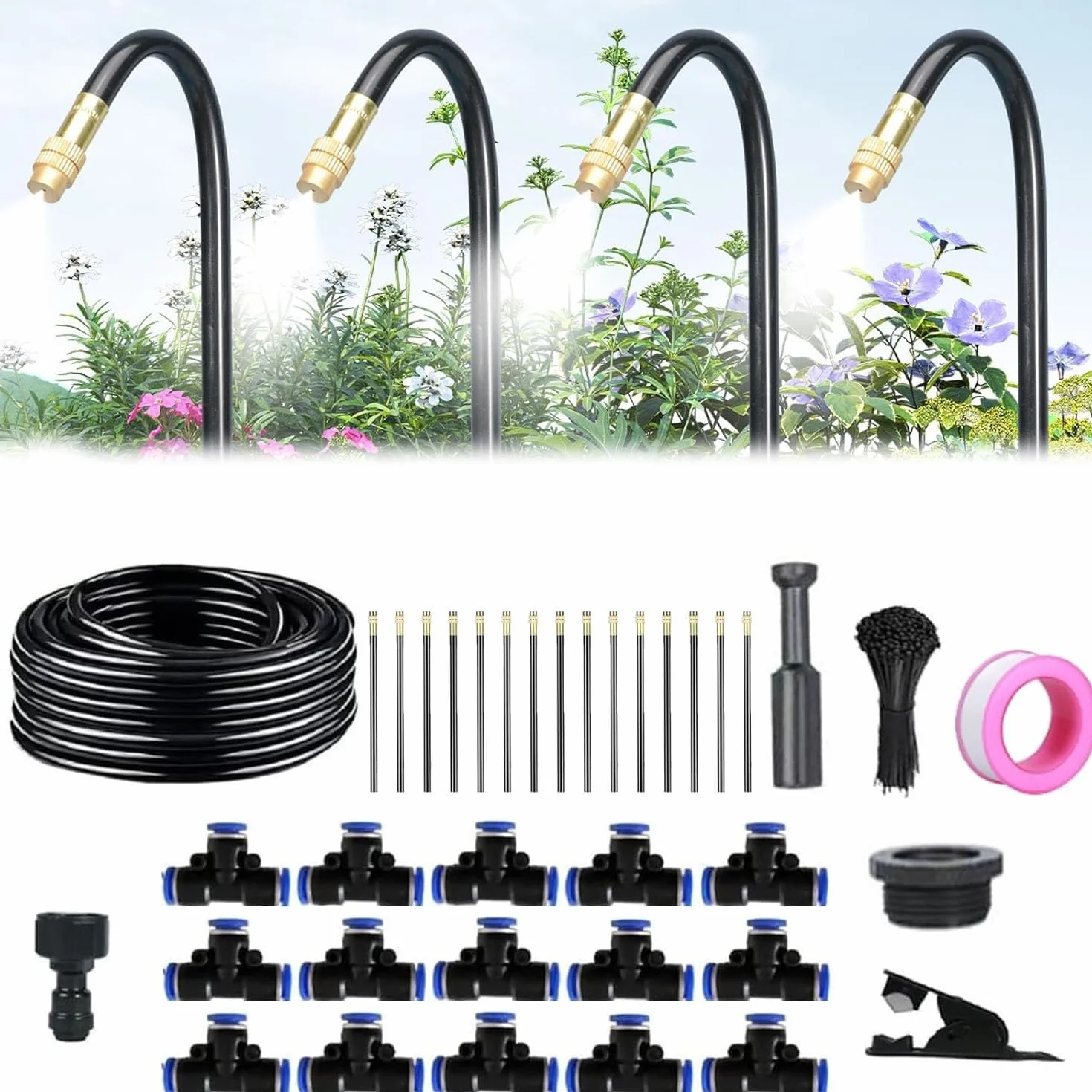 Kit per Sistema di irrigazione a Goccia Automatico con Tubi e ugelli nebulizzatori Regolabili per un'irrigazione efficiente del Giardino.