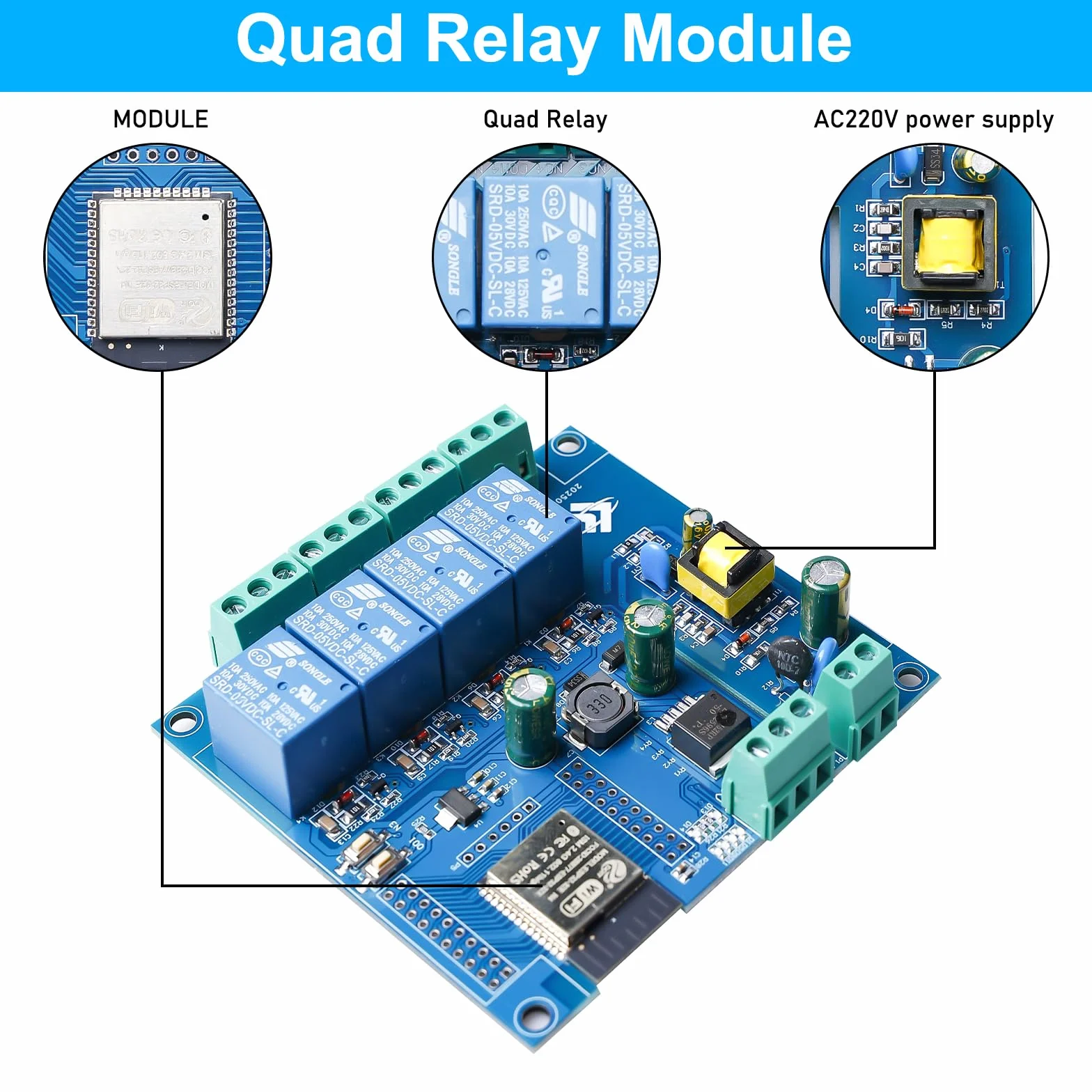 ESP Modulo relè a 4 canali con ESP-32 WiFi Bluetooth, DC5-30V/AC220V, scheda di sviluppo per progetti fai da te Smart Home & IoT, facile programmazione con Arduino IDE