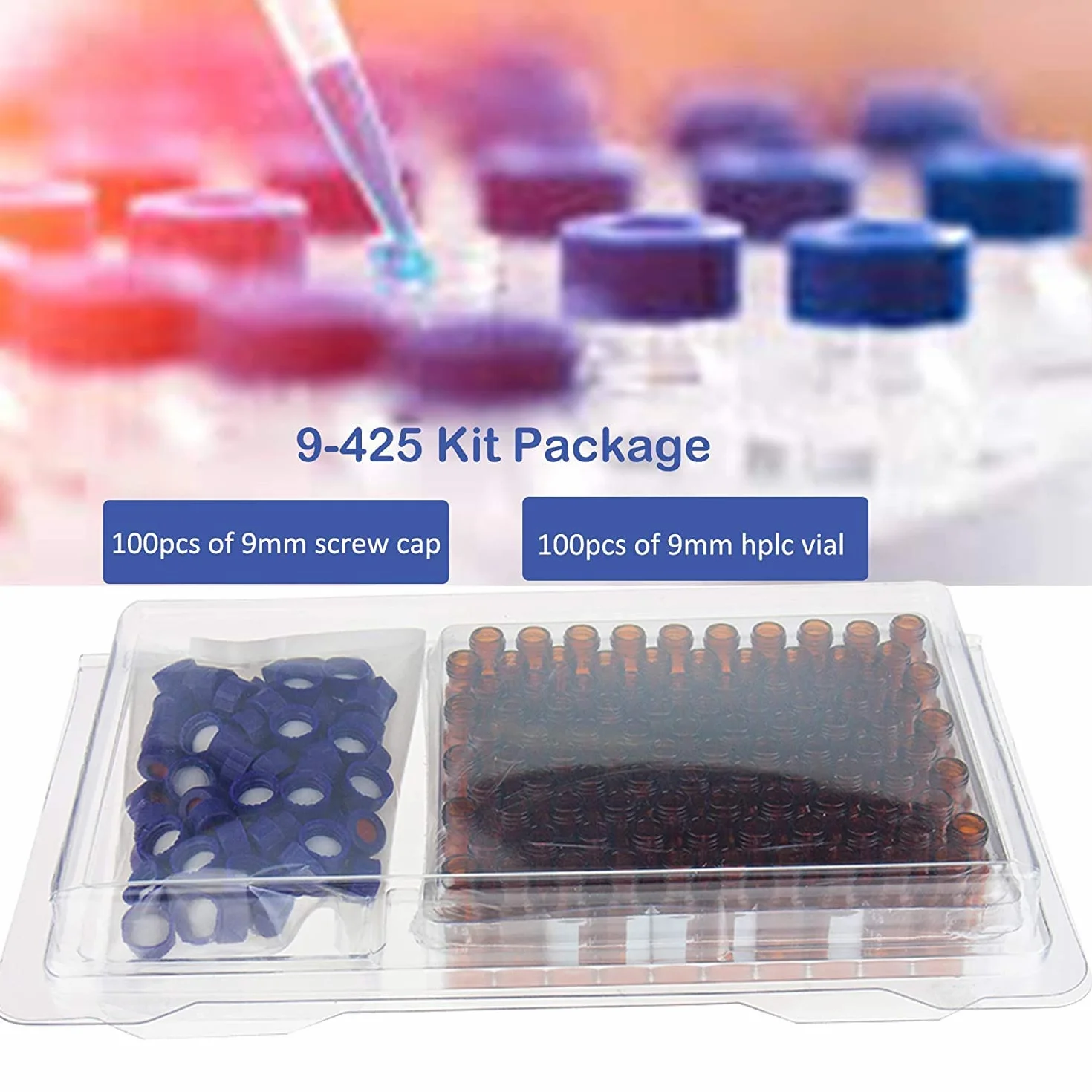 ALWSCI Fiale HPLC 2 ml Vetro Ambra 9-425 Tappo a Vite Blu Setti PTFE Silicone 100 pz