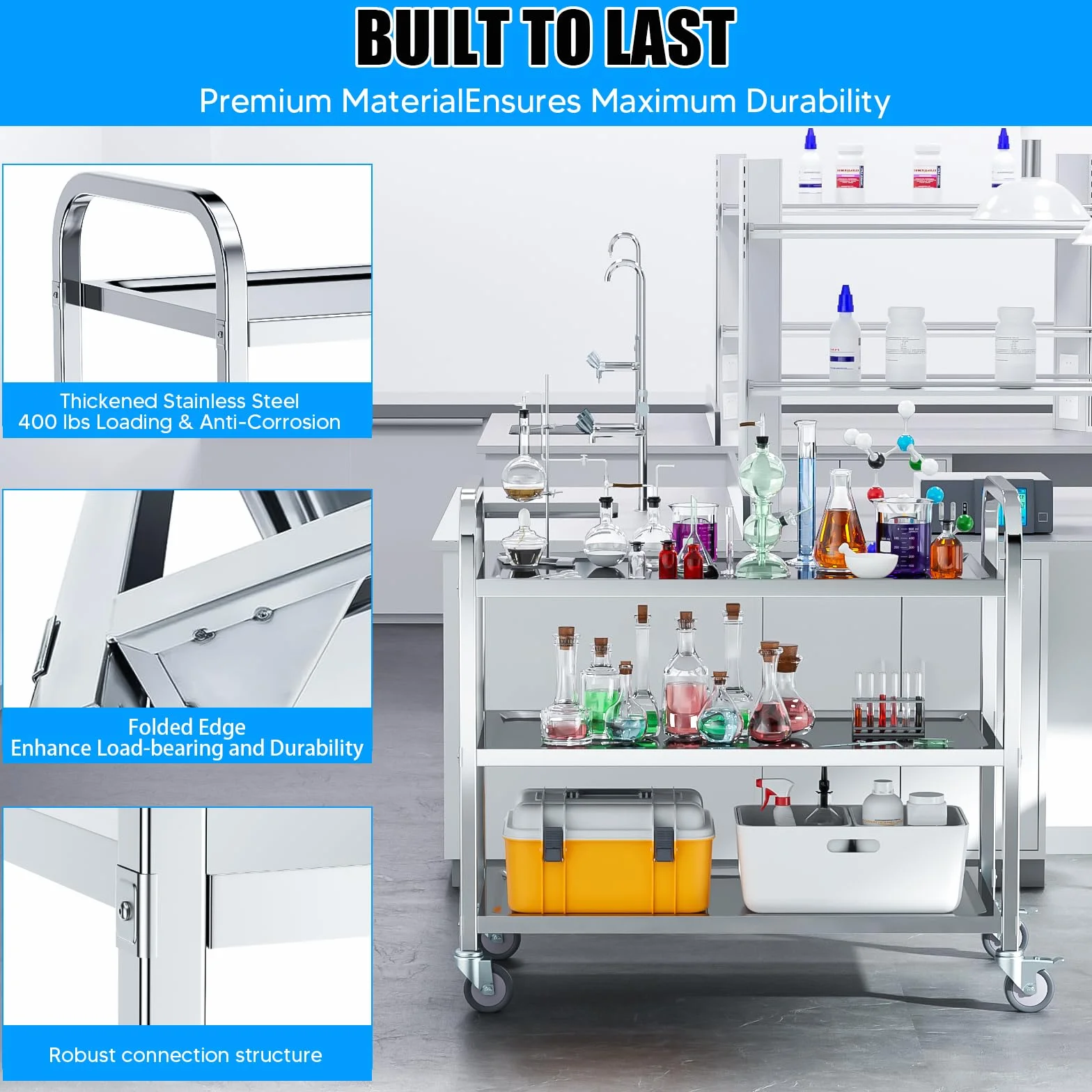 VELPAX Carrello da pranzo da cucina a 3 piani, 75x40x83,5 cm Carrello da pranzo in acciaio inox, rotolamento silenzioso per stoccaggio clinico Cucina Hotel Salone di bellezza