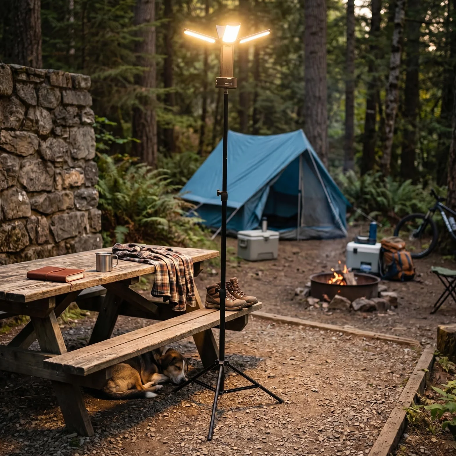 Luocute Luce da Campeggio Ricaricabile con Supporto, 4 Pannelli LED Regolabili 4100LM 6000K Lanterna Portatile Dimmerabile, con Base Magnetica Treppiede per Tenda da Campeggio di Emergenza