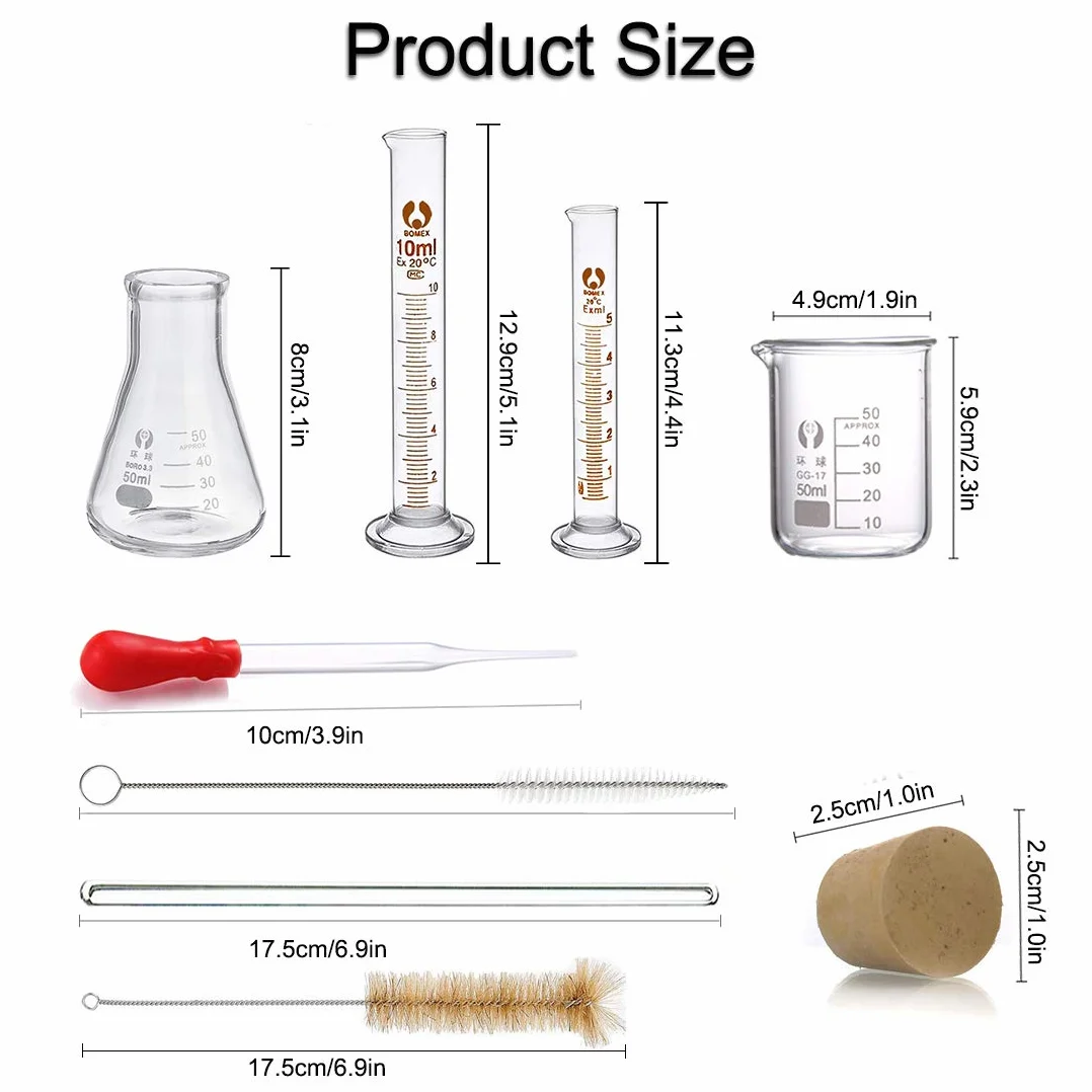 Pallone Graduato in Vetro Borosilicato, JESSTOLO 50ml Erlenmeyer Boccette di Vetro, 50ml Becher Graduato, 5ml/10ml Cilindro Graduato, con 3 Contagocce, 2 Barra di Agitazione et 2 Spazzolini di Pulizia
