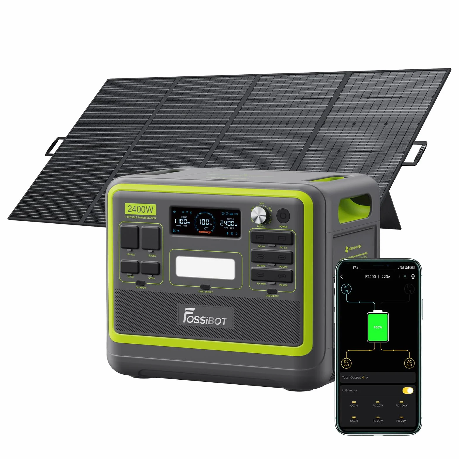FOSSiBOT F2400 Generatore Solare con Pannelli Solari da 420 W, Batteria LiFePO4 da 2048Wh con Uscita da 2400 W, Ricarica Rapida di 1,5 ore, Centrale Elettrica Portatile per Campeggio e Camper