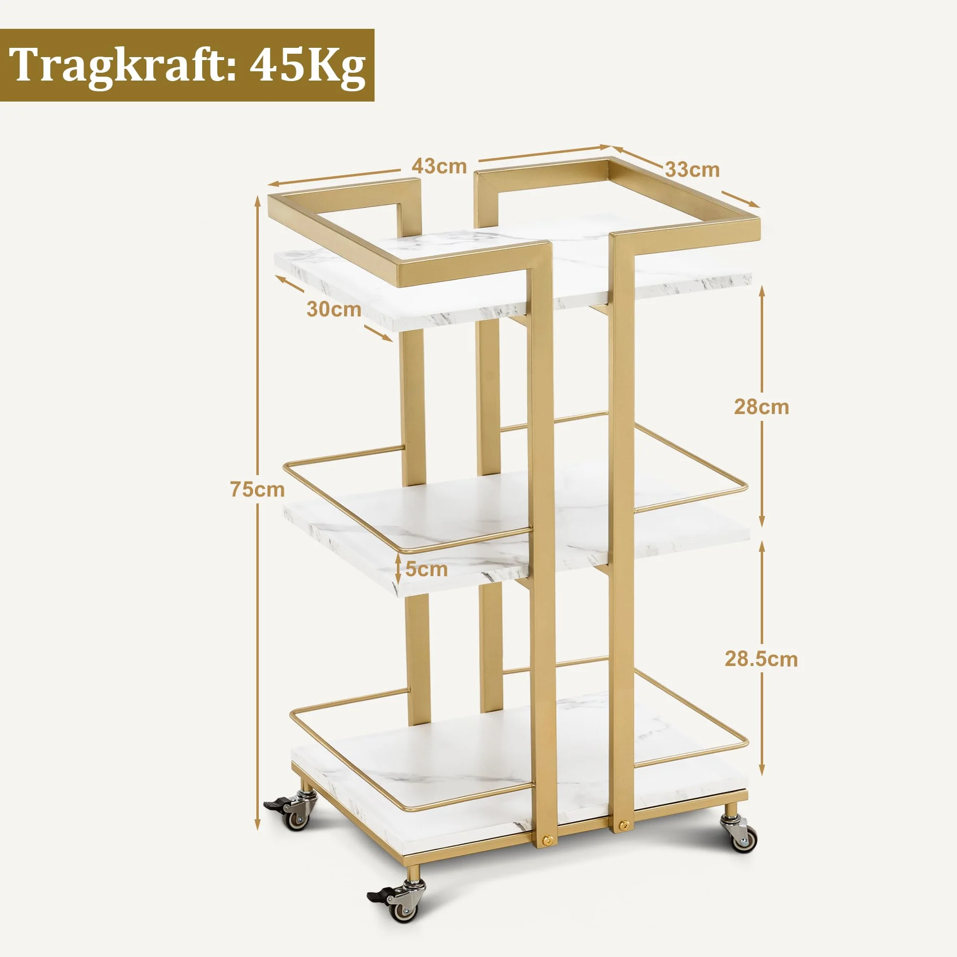 MCombo M carrello di servizio con rotelle, carrello da cucina carrello bar struttura in metallo, arrello moderno carrello multiuso con 3 livelli, per cucina soggiorno, 33x43x75cm, 0033