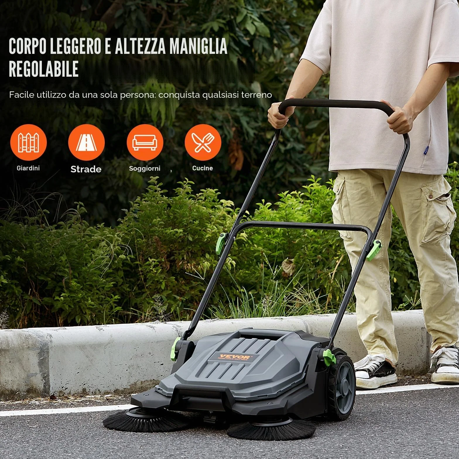 VEVOR Spazzatrice per pavimenti a terra manuale, larghezza 25,6" Spazzatrice per pavimenti manuale, contenitore per rifiuti da 5 galloni, maniglia in angolazione e altezza, cortile, garage, patio