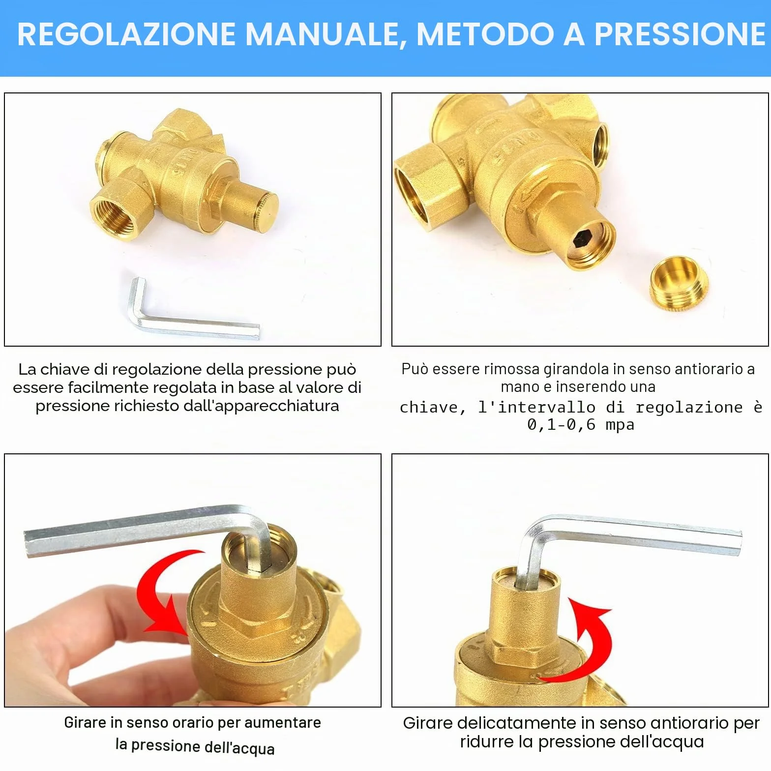 Regolatore di Pressione Acqua 1/2 pollice DN15 Ottone, Riduttore con Manometro