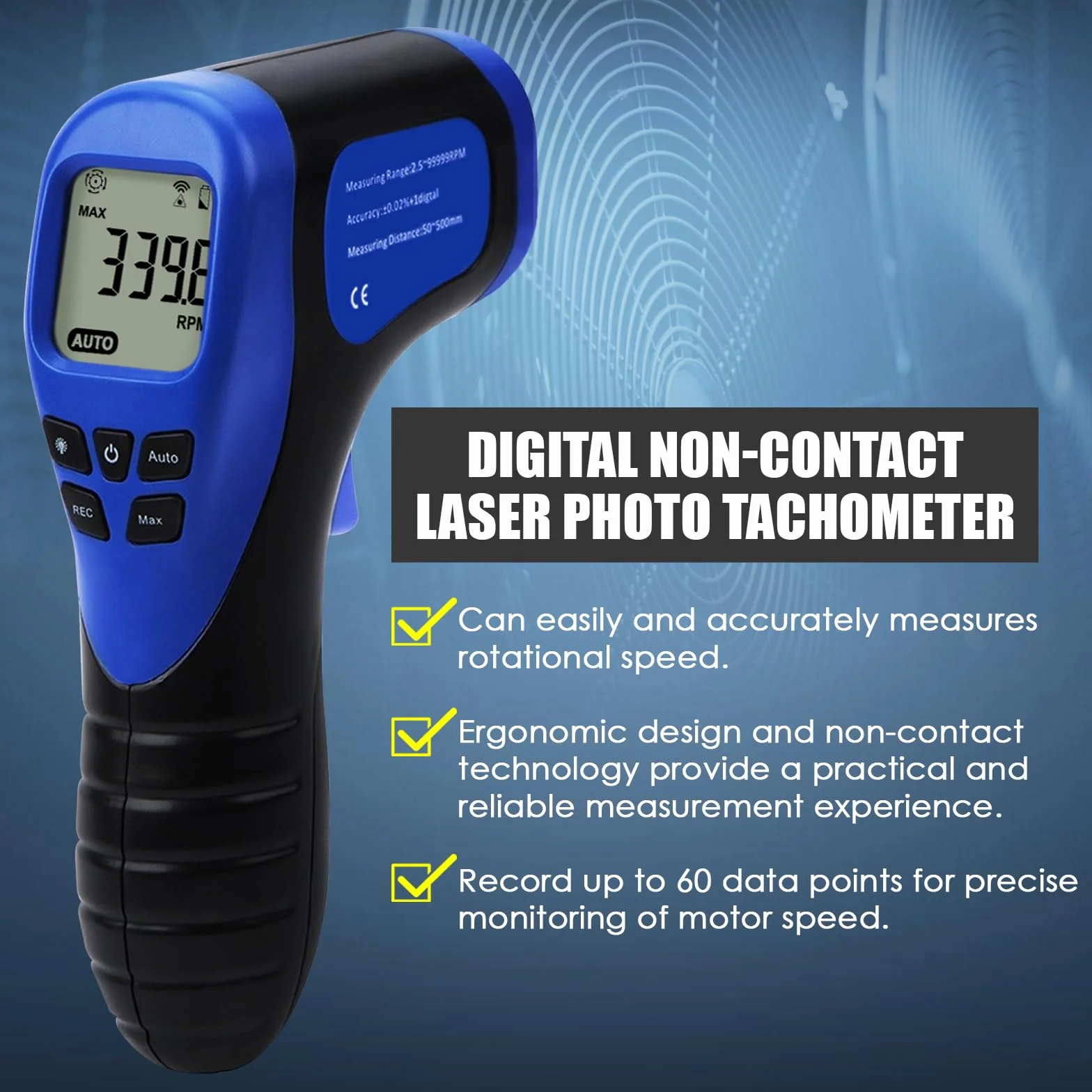 Tachimetro Digitale Portatile Senza Contatto Tachimetro Fotografico Tester Di Velocità Del Motore Tester Rotazionale (60 Dati) Gamma Di Misurazione: 2,5-99999RPM Distanza: 50~500mm