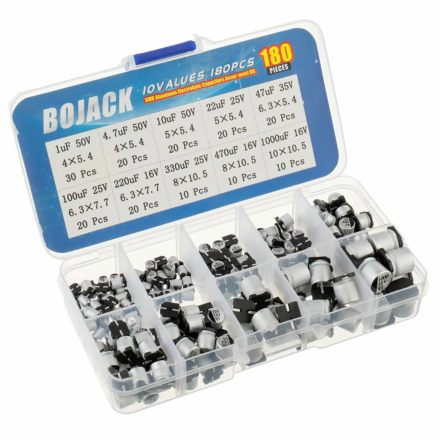 BOJACK 10 Valori 180 Pezzi 1 uF ~ 1000 uF SMD Kit assortimento di condensatori elettrolitici in alluminio