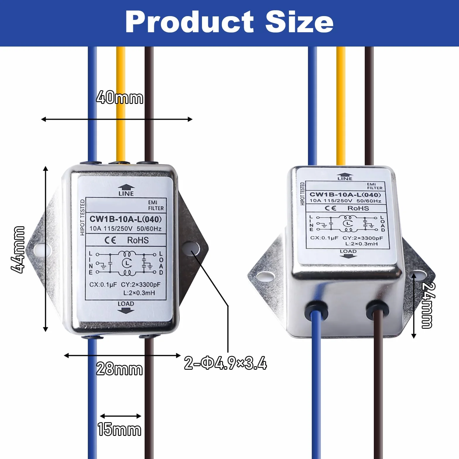 3 filtri EMI CW1B-10A-L - Filtro monofase 250 V 10 A, filtro elettromagnetico per la soppressione di disturbi impulsi continui e intermittenti