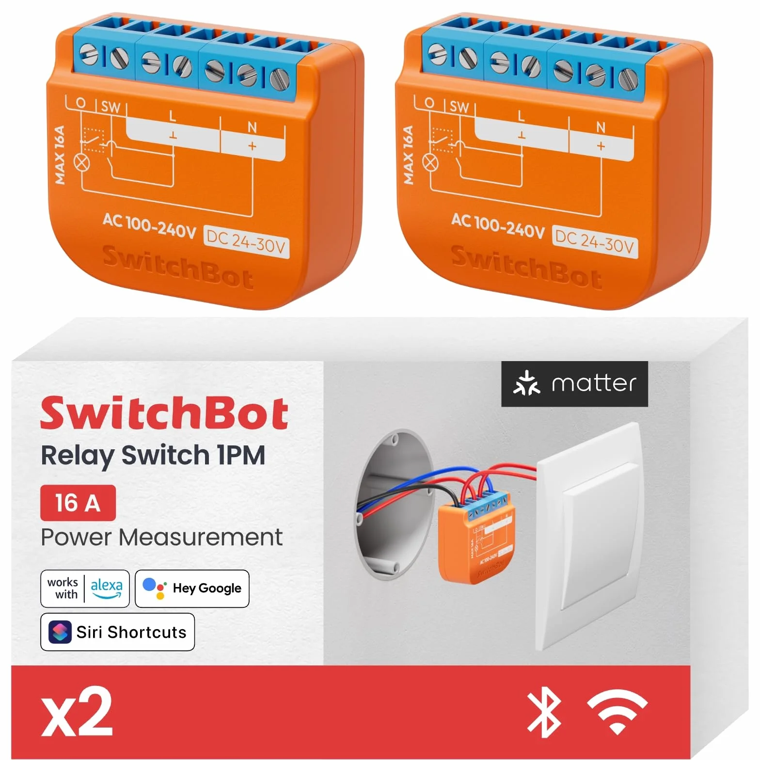 SwitchBot Smart Relay Switch 1PM Intelligente con Ripetitore Bluetooth Integrato, Interruptore Wi-Fi & Bluetooth Compatibile con Alexa/Apple Home/Google Home, Interruttore Relè 1PM 16A Confezione da 2
