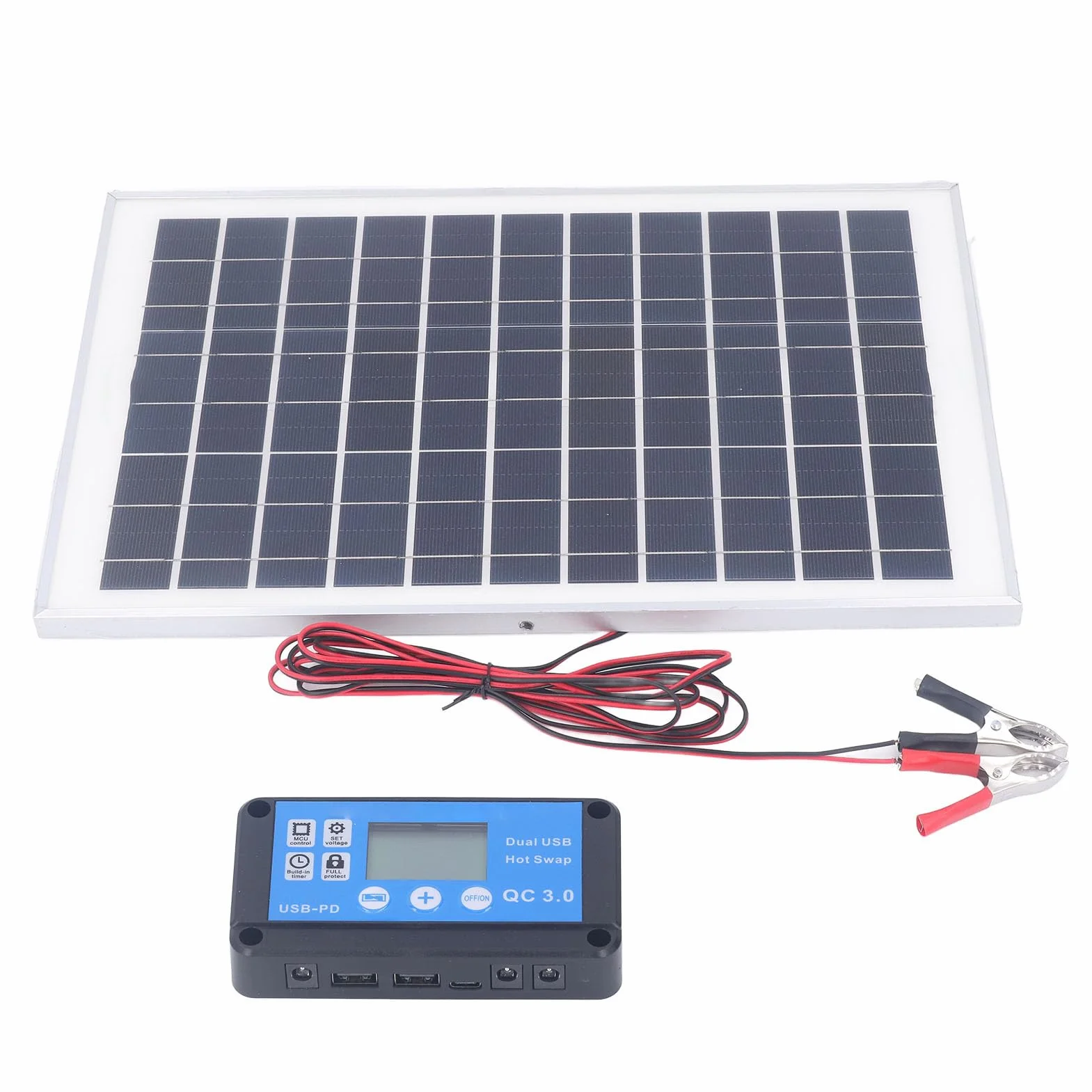 Kit Pannello Solare 50W 18V con Regolatore di Carica Impermeabile MPPT Morsetto Batteria da 3 Metri per Roulotte per Rimorchio per Barca da Esterno