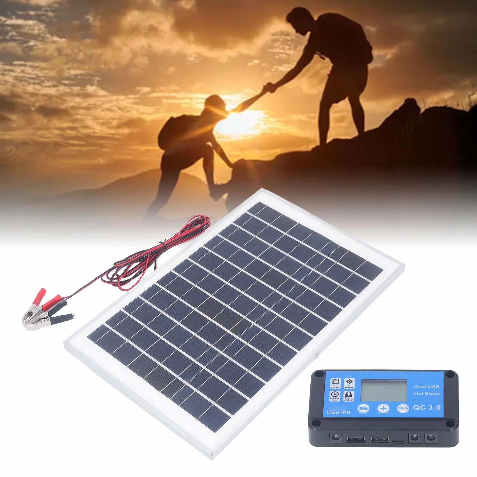 Kit Pannello Solare 50W 18V con Regolatore di Carica Impermeabile MPPT Morsetto Batteria da 3 Metri per Roulotte per Rimorchio per Barca da Esterno