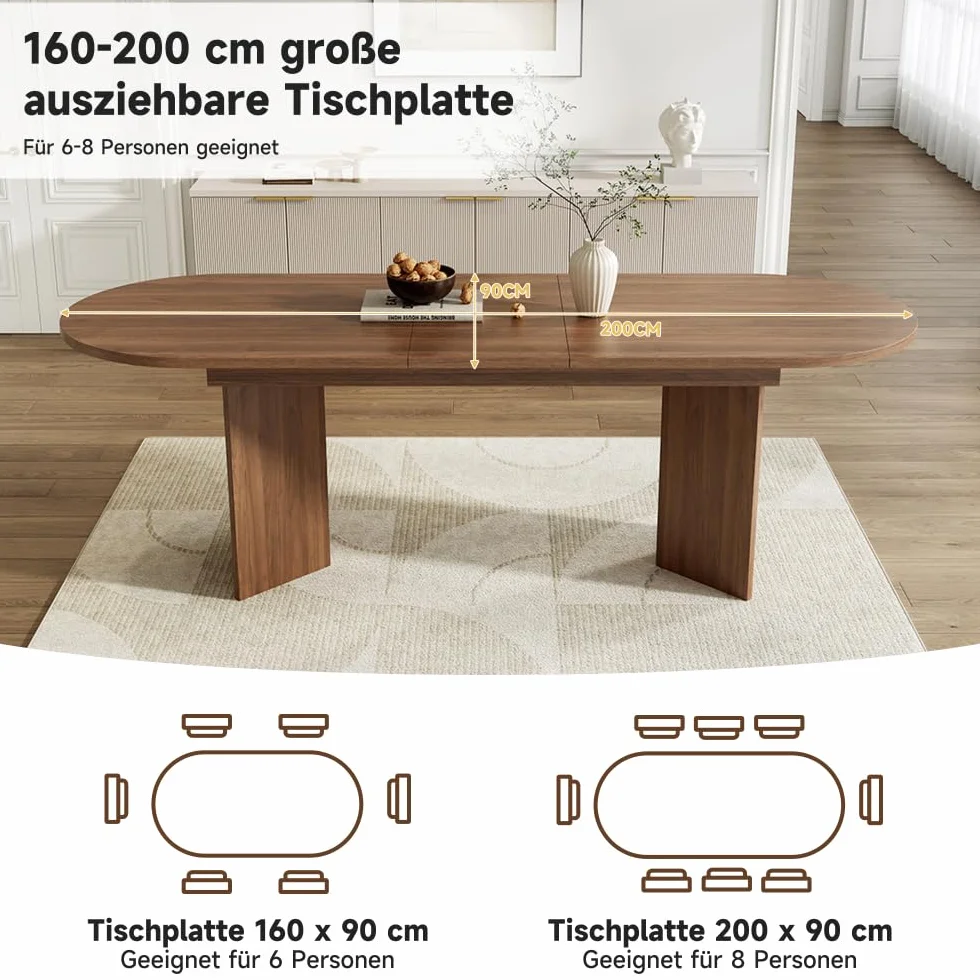 Muskel Tavolo da pranzo ovale allungabile 160 – 200 x 90 cm, moderno tavolo da pranzo adatto per 4 – 8 persone, robusto tavolo da cucina, tavolo ispessito salvaspazio (noce, 160 – 200 cm)