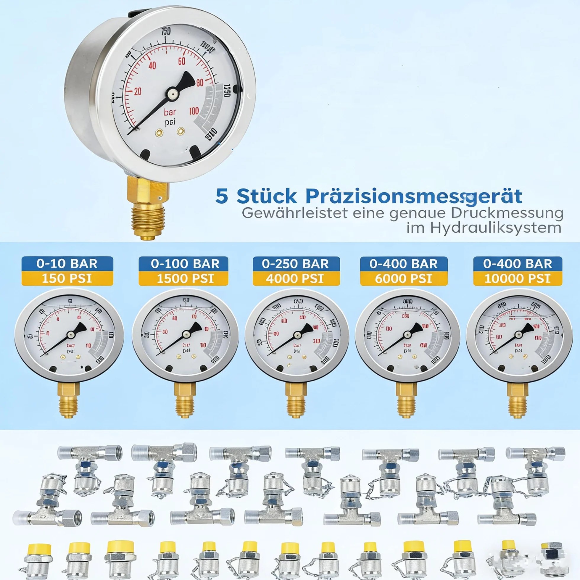 Kit di prova pressione idraulica 10/100/250/400/600 bar, 5 misuratori, 13 frizioni, 14 connettori T, 5 tubi di prova per trattori escavatori Hopzty