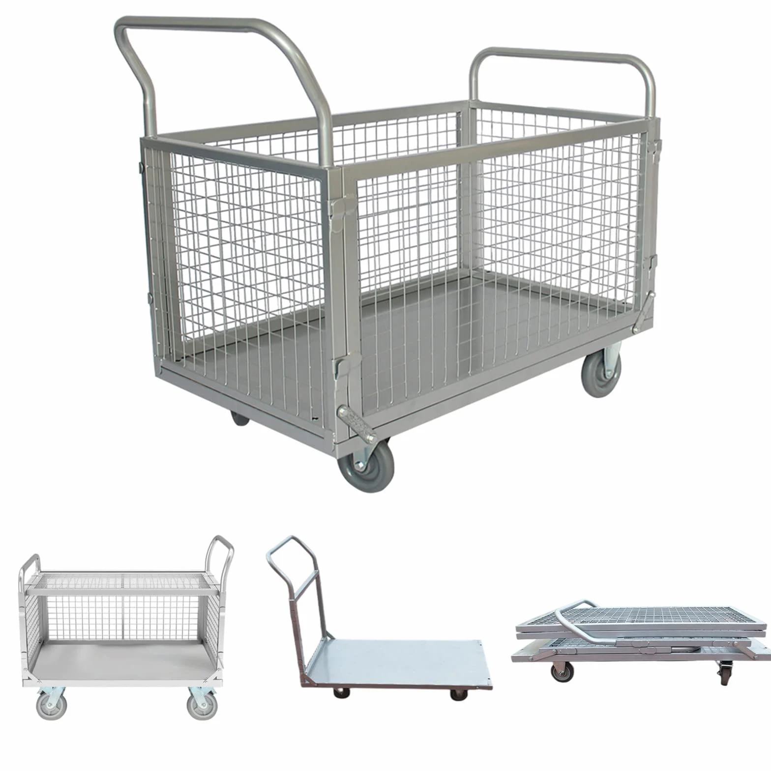 4 in 1 Carrello con Ruote Portatutto 400 kg Griglia Laterale Rimovibile Ruote Girevoli con Freno, Carrello da Trasporto Lavoro Carrelli a Piattaforma Caricatore Pieghevole Industriale