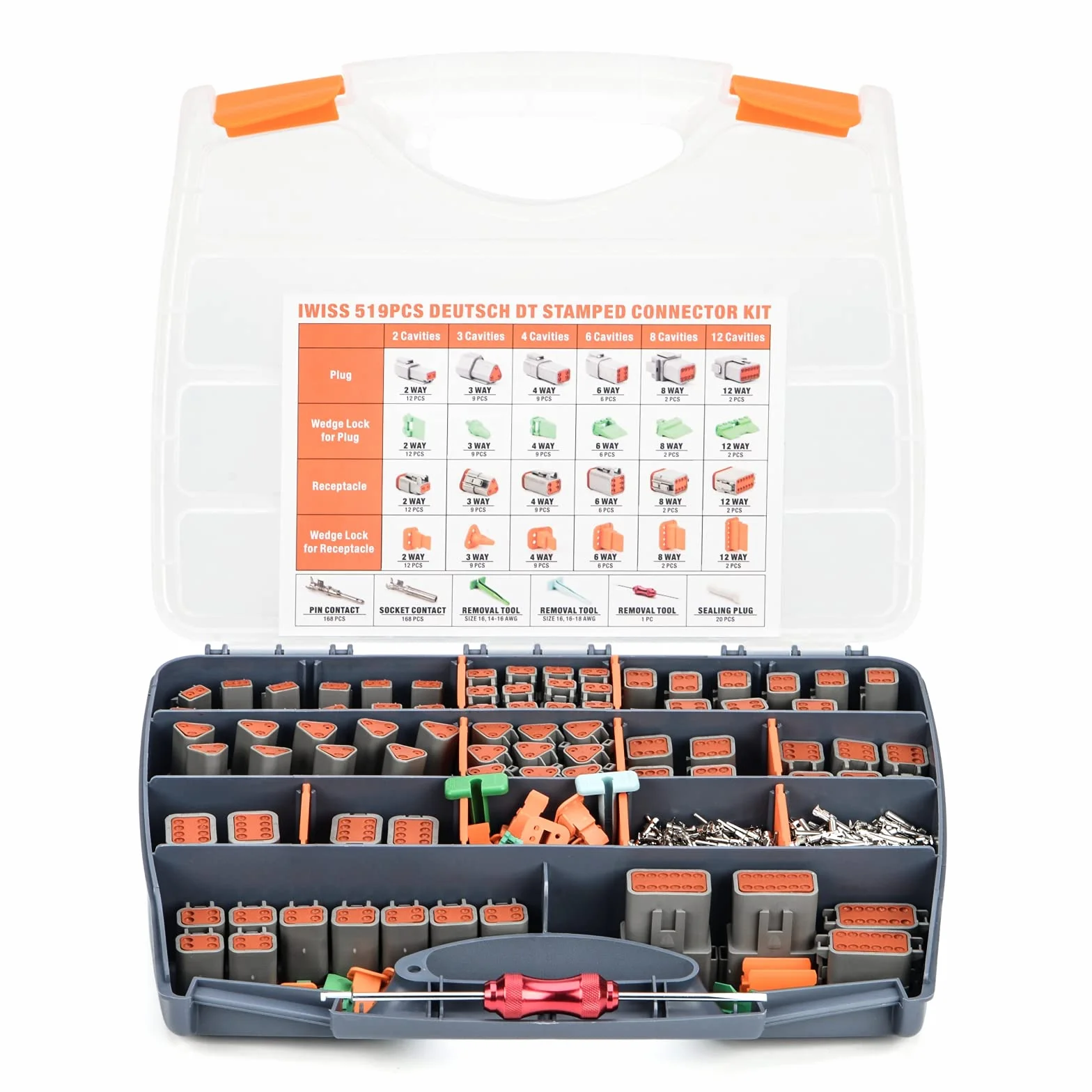IWISS DEUTSCH Kit Connettore DT da 519 Pezzi in Configurazioni a 2,3,4,6,8,12 Pin, Contatti Stampati Formati Taglia 16 (AWG 14), Strumenti di Estrazione Wedgelock e Pin, Ideale per Servizio