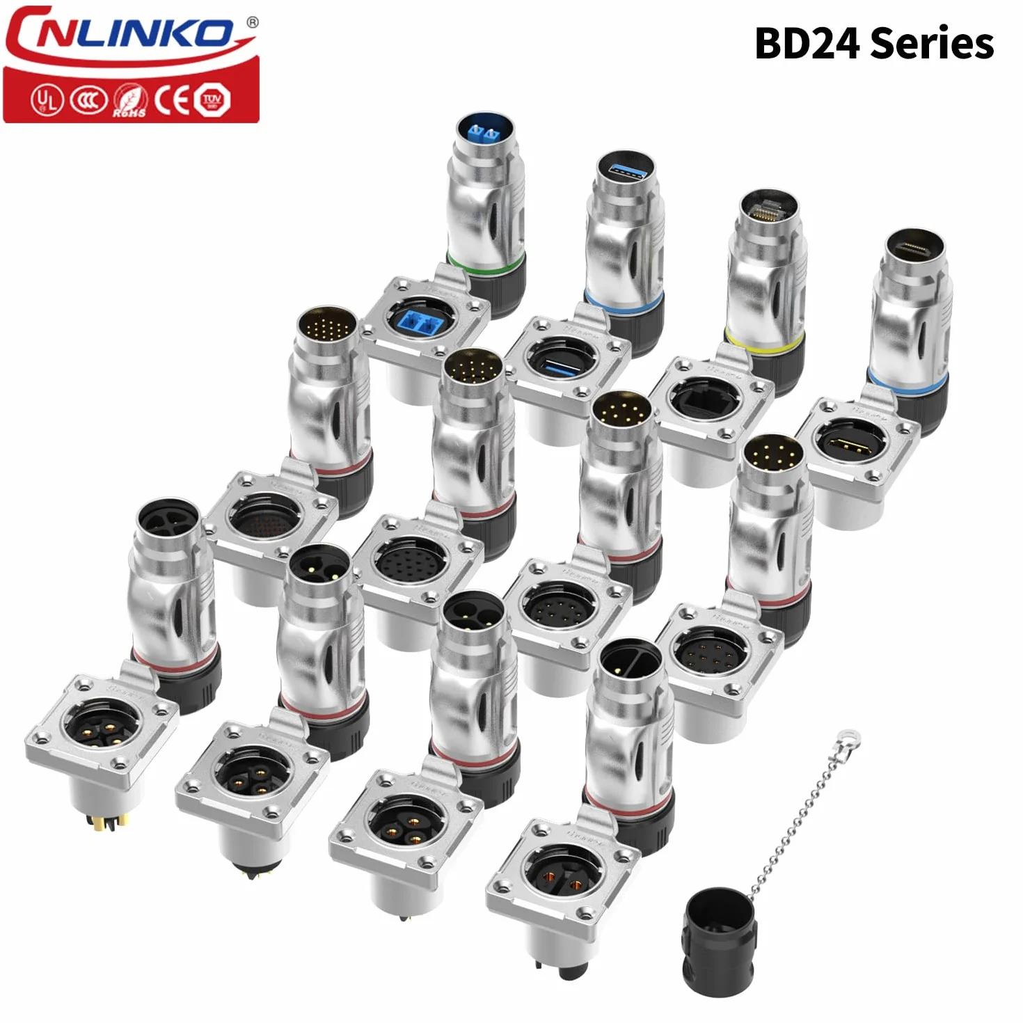 CNLINKO BD-24 Connettore RJ45 a Doppia Porta 8P8C, Ethernet CAT6, Presa a Pannello, Impermeabile IP68, M24 (Set RJ45)