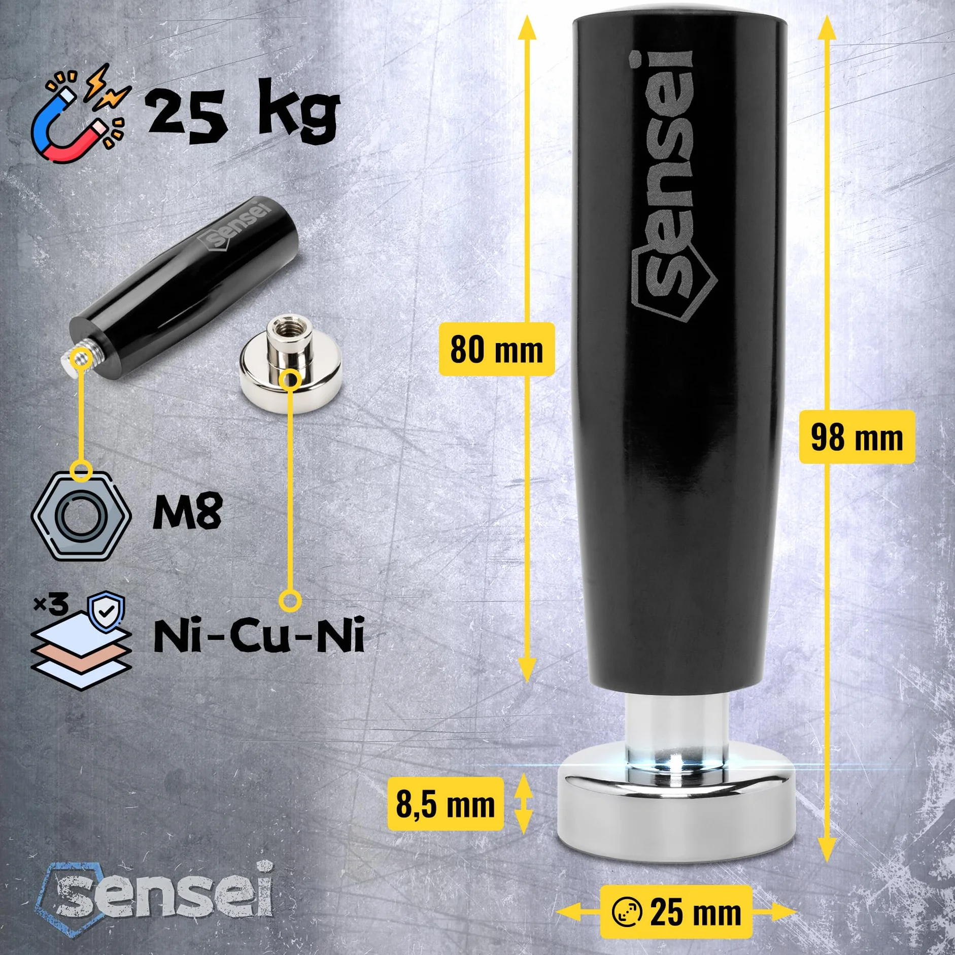 Magnete al Neodimio Potente SENSEI Ø 25 mm 25 kg Calamita Filettata M8