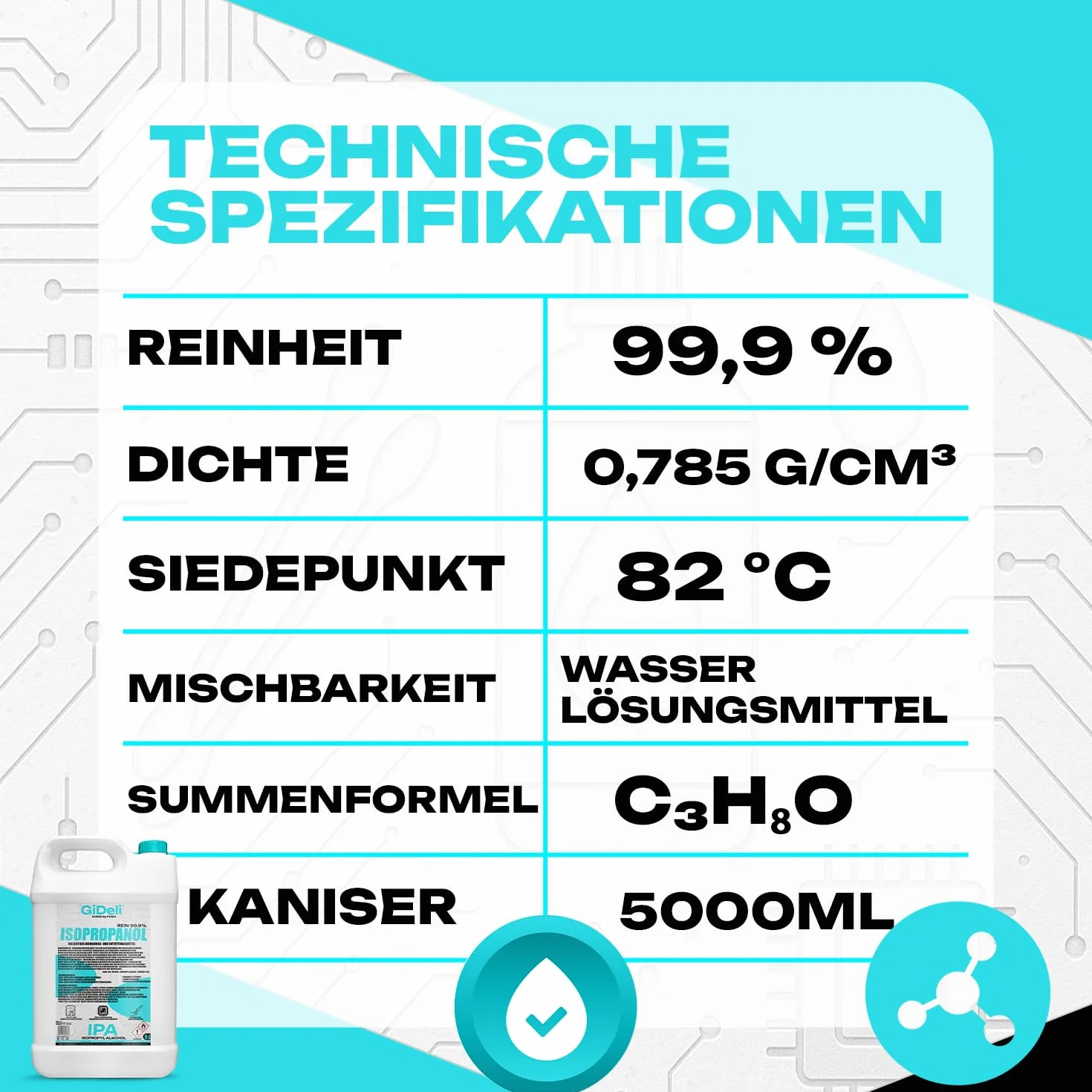 GiDeli Isopropanolo 99,9% 20 litri di alcool isopropilico ad alta percentuale di alcool per pulizia di componenti elettronici, lenti e schermi, pulizia di resine con stampa 3D