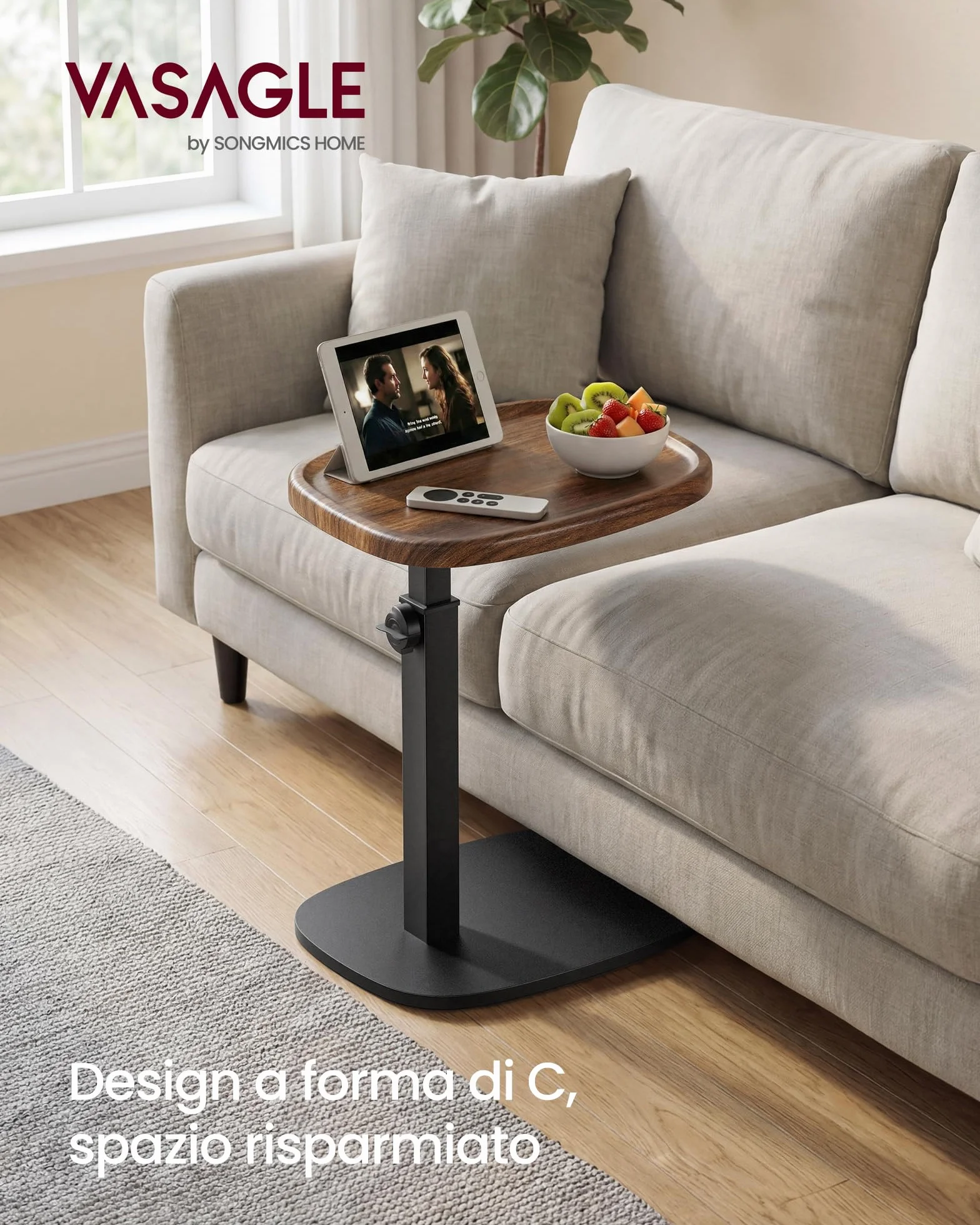 VASAGLE Tavolino a Forma di C Regolabile in Altezza 30 x 40 x 69 cm Marrone Noce e Nero Inchiostro