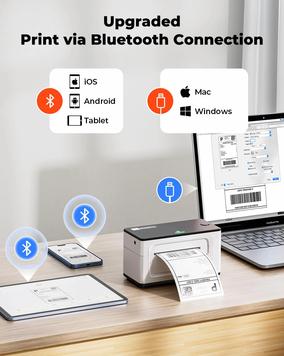 MUNBYN 300DPI Bluetooth Stampante Etichette Spedizione 4x6 per Spedizioni Affrancature Indirizzi uso domestico e piccole imprese, Compatibile con Etsy/Shopify/Amazon/FedEx/UPS, 941BP, Bianco
