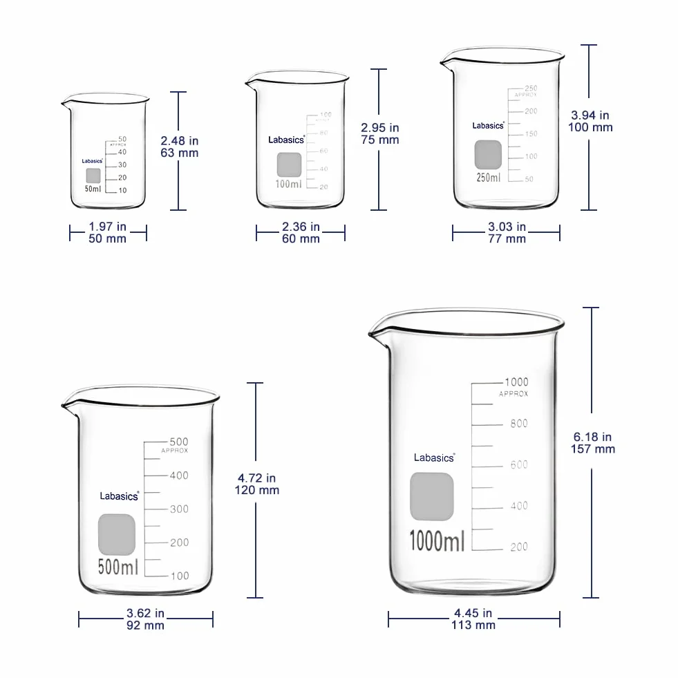 Labasics Set di Becher in Vetro per Laboratorio, Vetro Borosilicato Becher Griffin Graduati a Forma Bassa in 5 Dimensioni, 50ml/100ml/250ml/500ml/500ml/1000ml(1L), Confezione Combinata