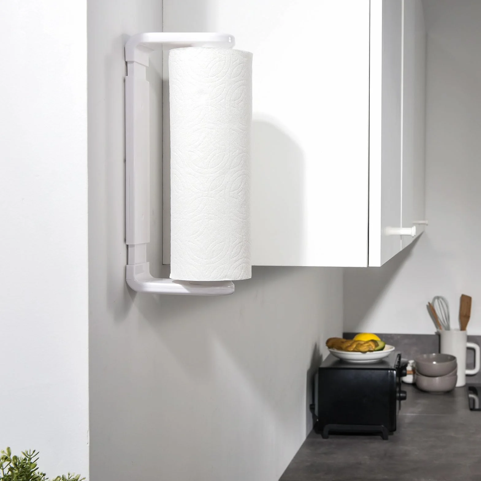 Porta Asciugamani Di Carta LACRIMA CON UNA MANO Braccio Di Tensione Adattivo Lunghezza Regolabile 24-28cm Bianco