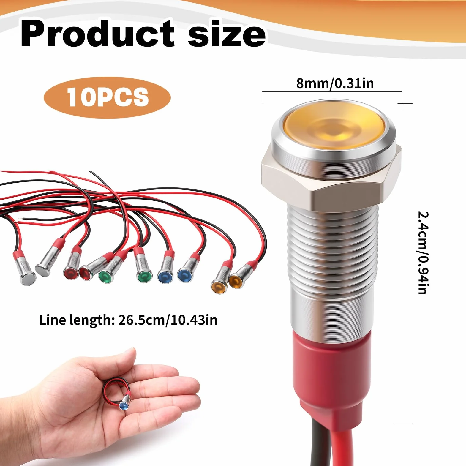Indicatore LED 6mm 10Pcs AC/DC 12-24V Rosso/Verde/Giallo/Bianco/Blu Impermeabile per Moto