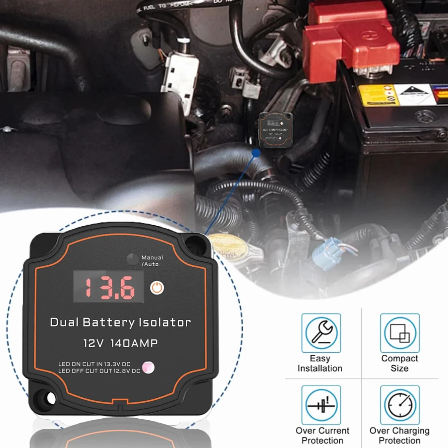Relè Sensibile Alla Tensione, VSR 12V 140A Automatico Isolatore Intelligente a Doppia Batteria, Stacca Batteria, Parallelatore Batteria Camper Impermeabile con Display per ATV UTV Barca