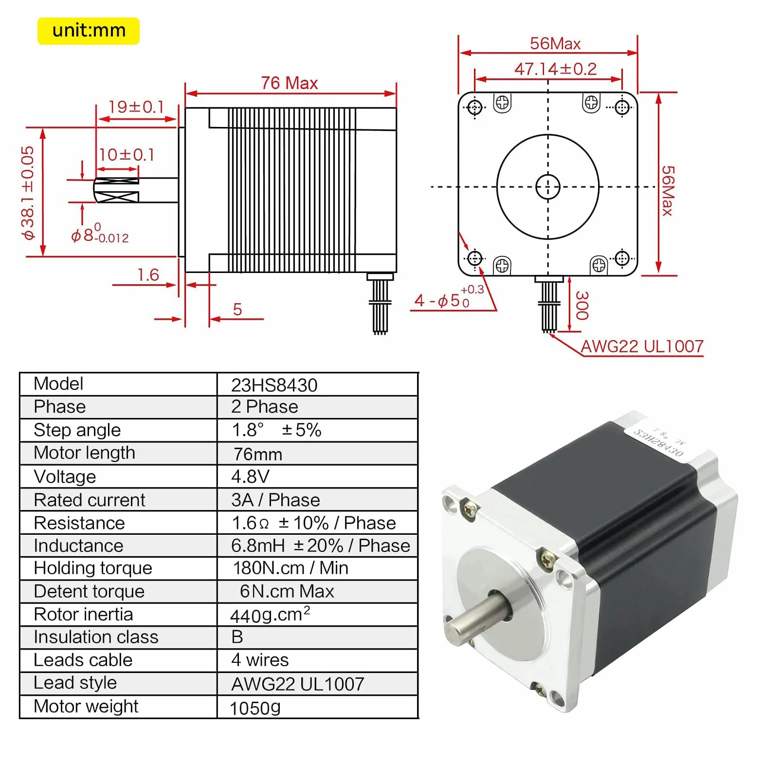 RATTMMOTOR - 3 motori passo-passo Nema 23, 1,8 Nm (270 oz.in) 3A, 1,8 gradi, 4 fili, 57x76 mm per stampante 3D/fresa CNC (23HS8430)