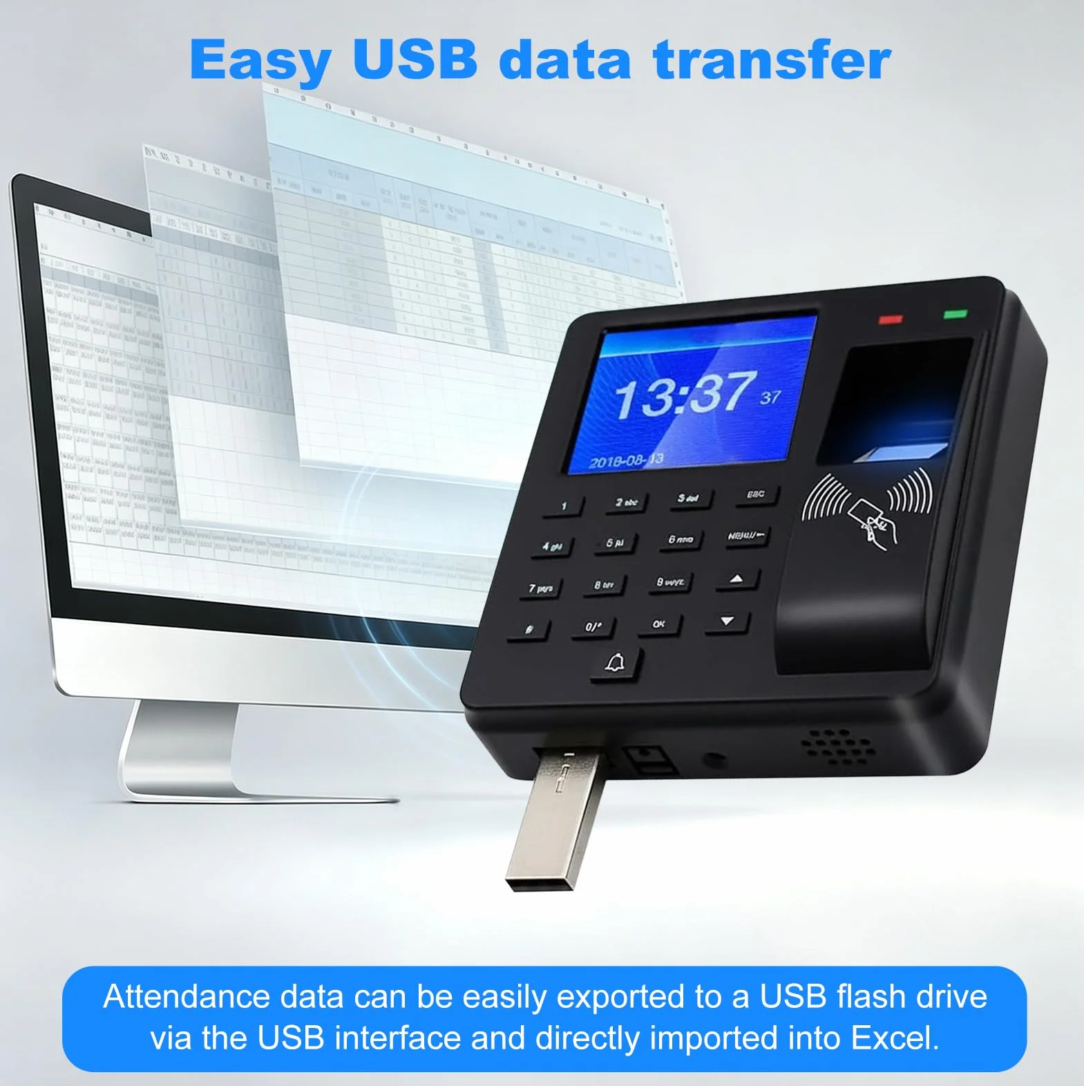 Rilevamento del tempo per piccole imprese, timbri con impronte digitali, password e ID (schede 15ID incluse), registrazione dell'orario di lavoro con esportazione USB, nessun costo mensile