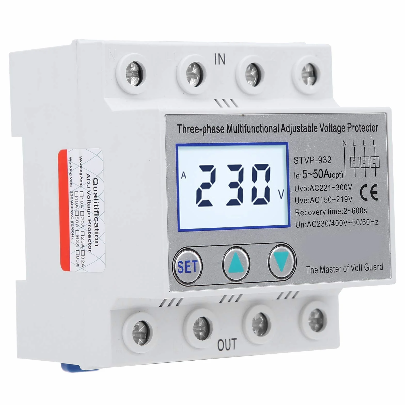 Protezione di Tensione Regolabile LCD Trifase Multifunzione Ripristino Automatico 230 V/400 V CA Protezione da Sovratensione Sottotensione Dispositivo di Protezione Della Tensione(50A)