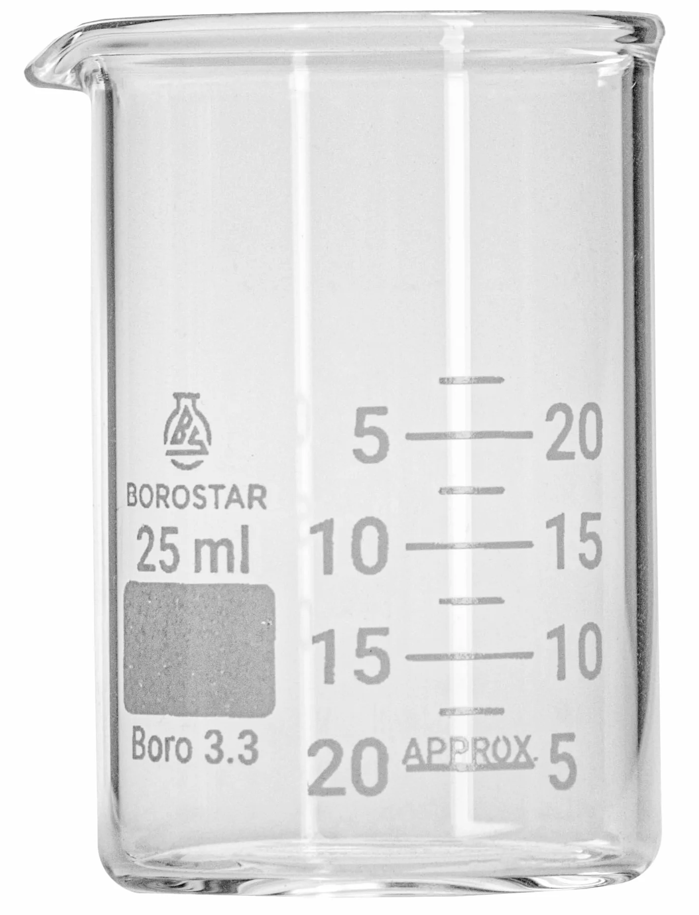 Bicchiere (Boro 3.3), forma bassa con graduazione e beccuccio, 25 ml