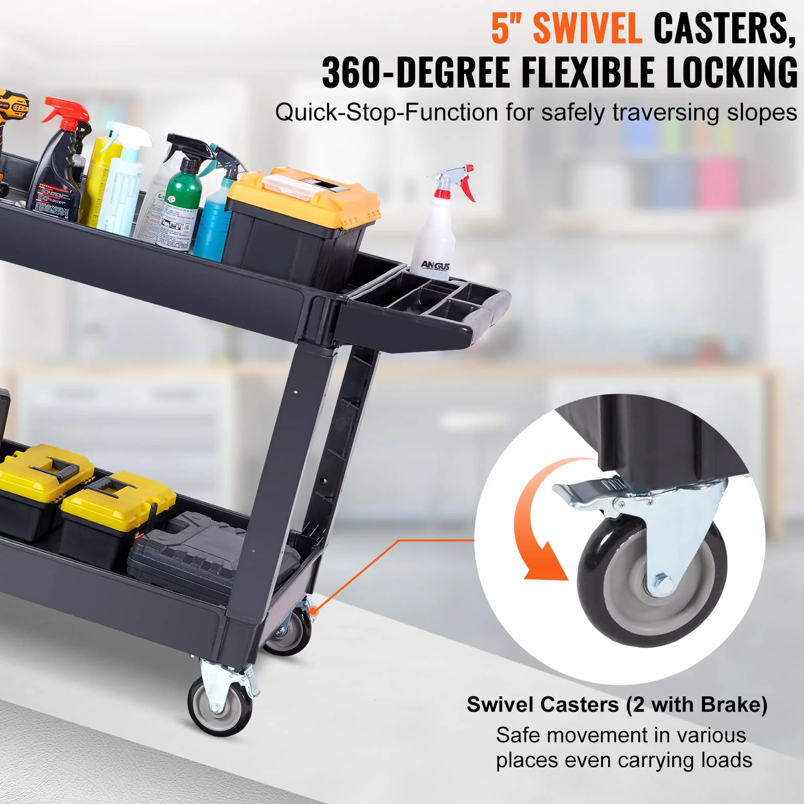 VEVOR Carrello di Servizio 116x65x85cm 2 Ripiani 250kg con Ruote Girevoli 360° Freni