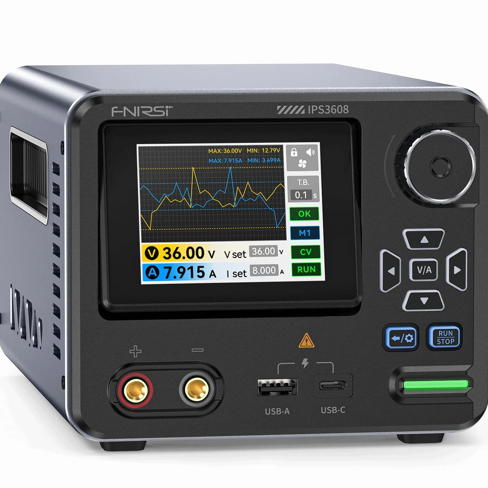 FNIRSI IPS3608 Alimentatore CC Variabile, Alimentatore da Banco 36V 8A，Ripple Basso<10mV, Involucro in Al, Porta USB-A&Tipo C, Interfaccia Utente Giorno/Notte, Programmabile da PC, 6 Dati Preimpostati