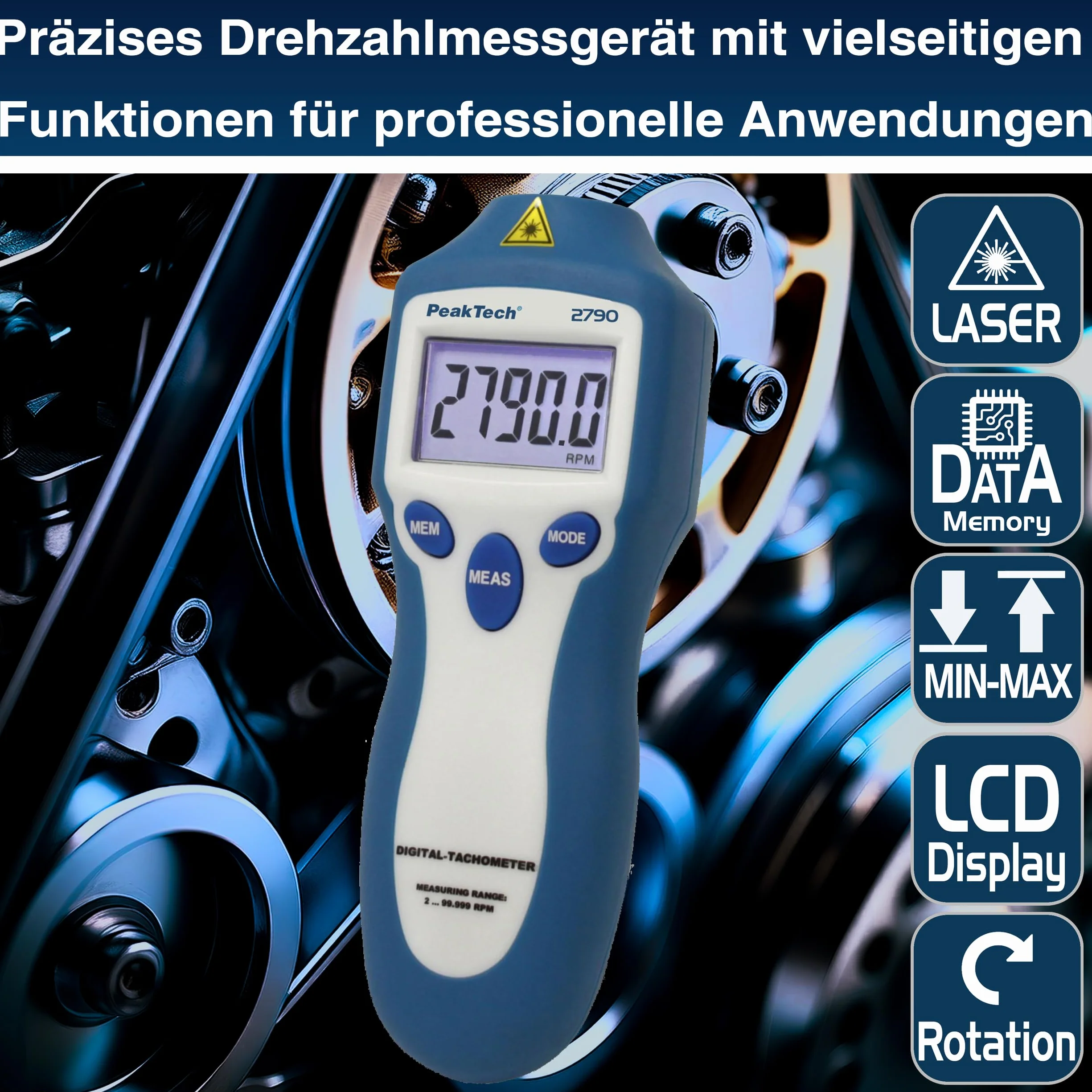 Peaktech 2790 Tachimetro/contagiri motosega, moto, scooter, barca, auto, motosega, diesel, benzina, 2 e 4 tempi 100.000 conteggi senza contatto, P 2790