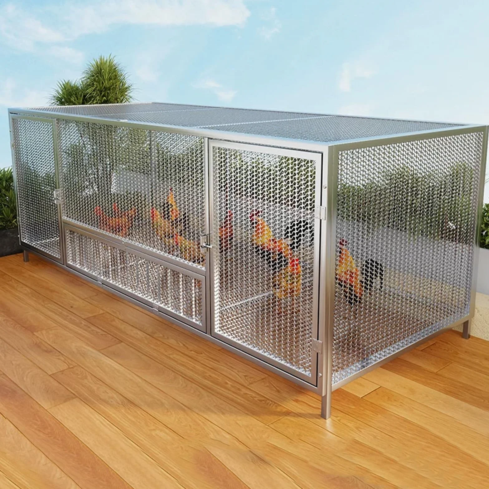 Pollaio in Ferro per Galline Design A Doppia Porta Lunghezza 100/147 Cm Recinto per Galline Da Esterno Serratura, per Polli, Anatre E Conigli(Silver,147 * 58 * 62CM)