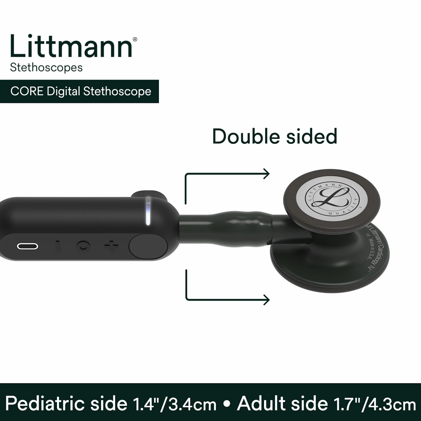 3M Littmann Stetoscopio Digitale CORE, 8490, testina nera, tubo, gambo e auricolare, 69 cm