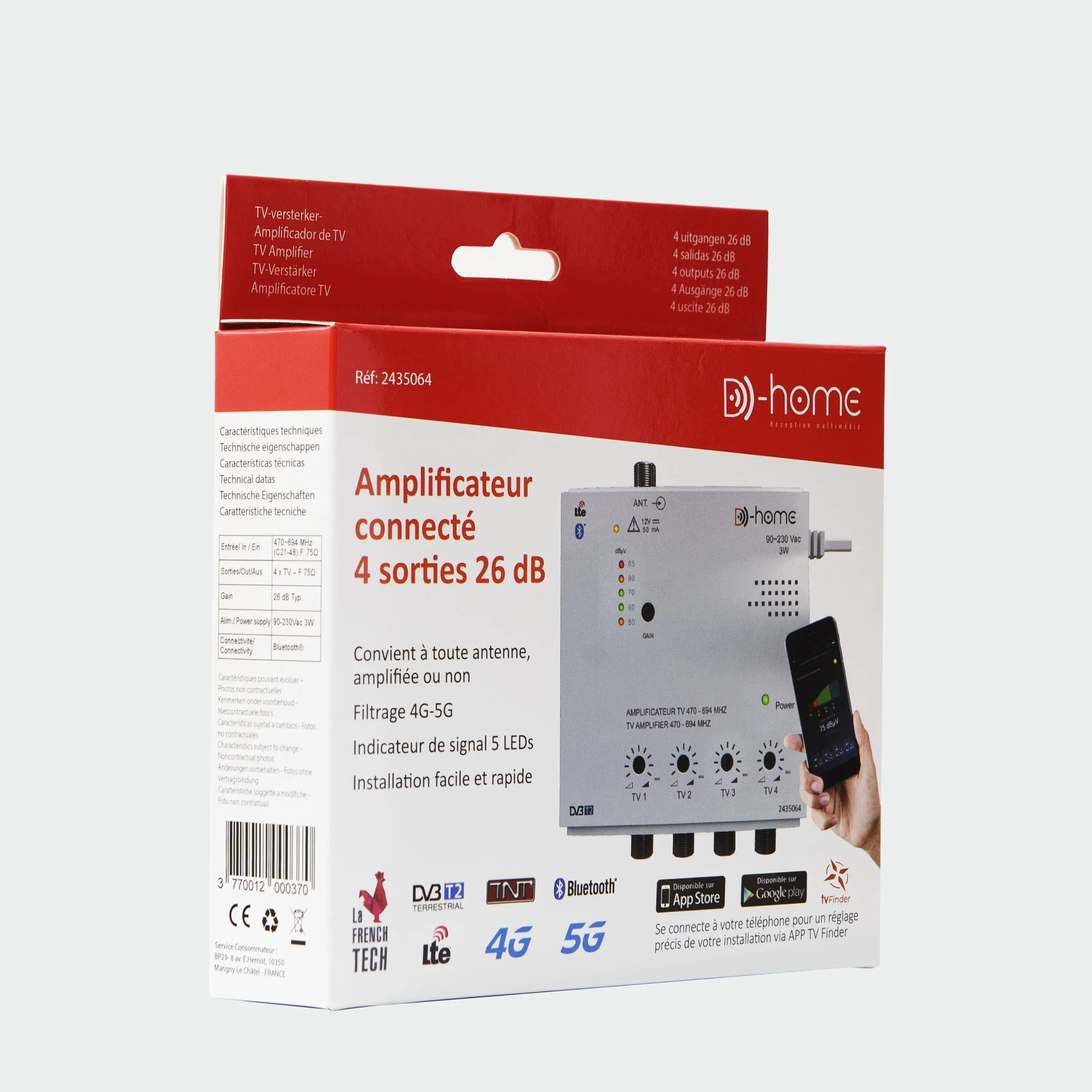 D-Home - Amplificatore TV TNT Interno 4 Uscite 26dB Filtrato 4G-5G, funziona con App TV Finder