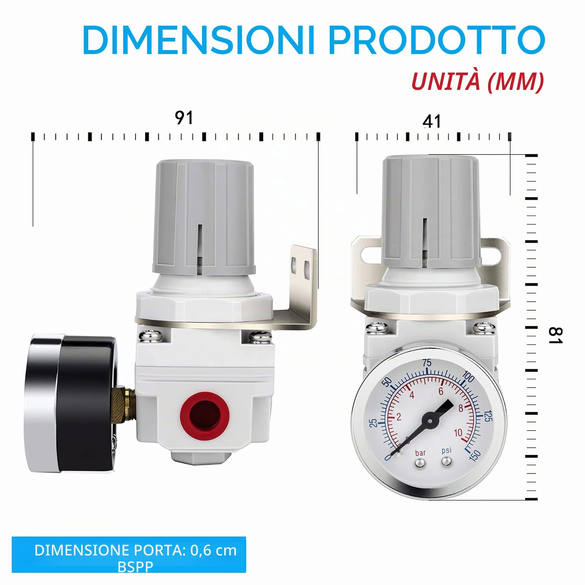 NANPU 1/4" BSPP Regolatore d'Aria Compressa - Manometro (0-10 bar), Staffa Metallica, per Compressore d'Aria, Utensili Pneumatici