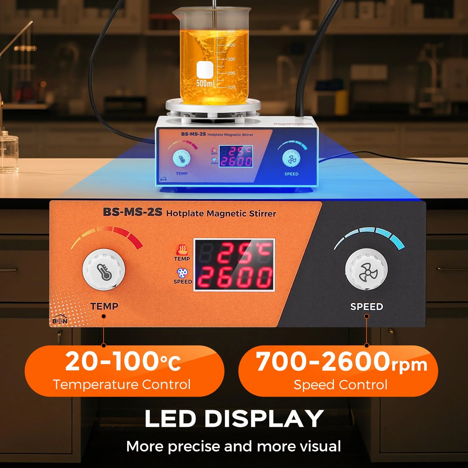 Bonviosin Agitatore Magnetico con Piastra Riscaldante 2L, Display Digitale 700-2600 RPM, Mixer da Laboratorio 100℃ 180W, Asta Supporto Sensore Pieghevole, 120x120 mm (EU)